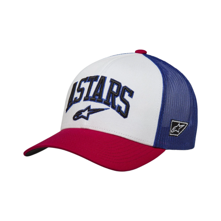 Alpinestars Dunker Trucker Hat, White Red and Blue, red curved bill with a white front panel and blue mesh back, features 3D ASTARS embroidery on the front, casual motorsport-inspired headwear