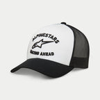 Casquette Alpinestars Triple Trucker, casquette trucker décontractée, blanc et noir, broderie noire en relief 3D avec logo étoile et texte « Racing Ahead », visière courbée avec arrière en maille, sportswear streetwear