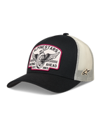 Alpinestars Heritage Patch Trucker Hat, black and natural mesh cap with vintage racing logo patch.