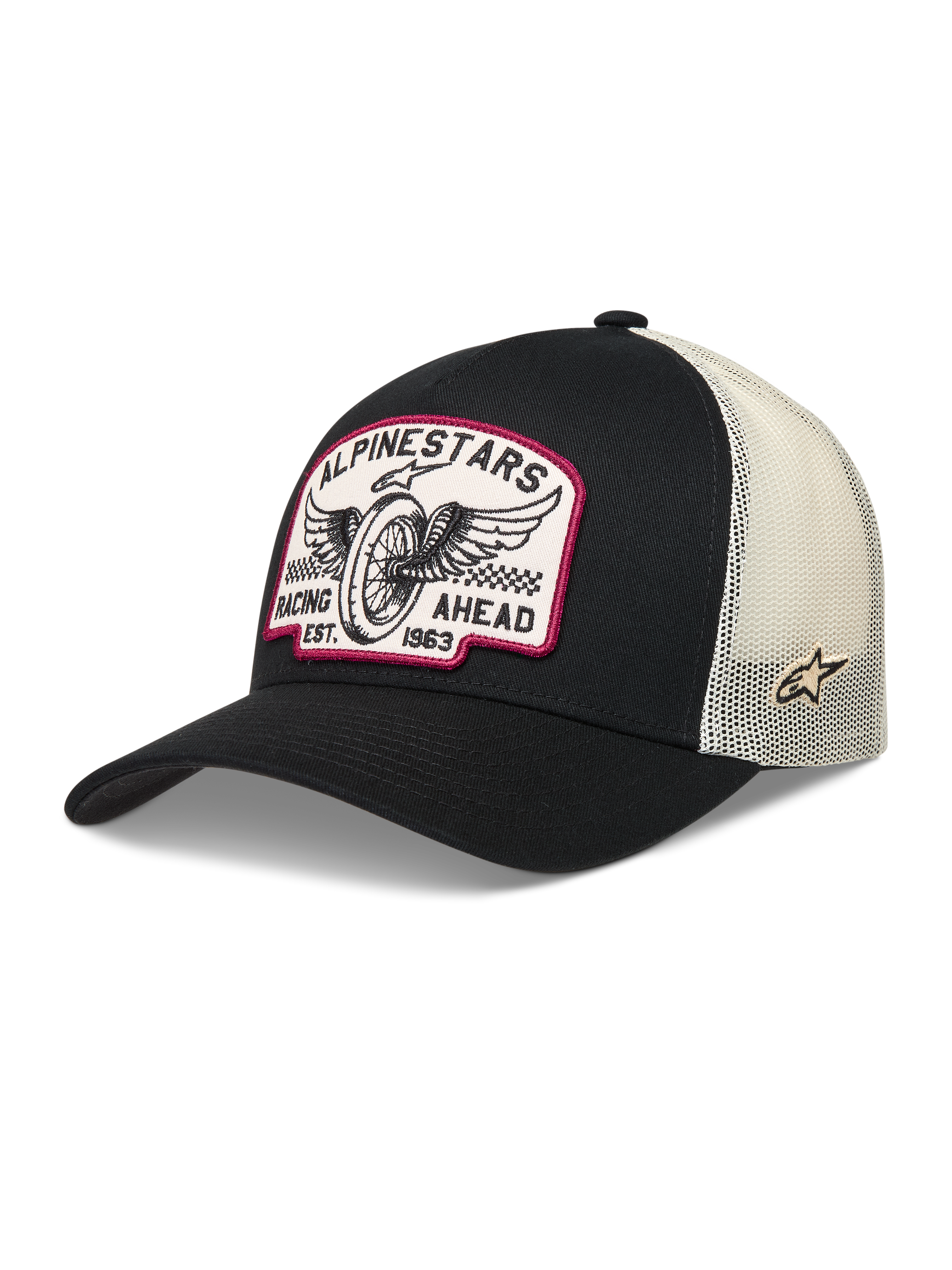 Alpinestars Heritage Patch Trucker Hat, black and natural mesh cap with vintage racing logo patch.