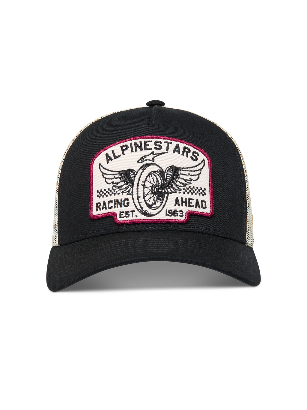 Alpinestars Heritage Patch Trucker Hat, Black and Natural mesh with vintage winged wheel racing embroidery patch.