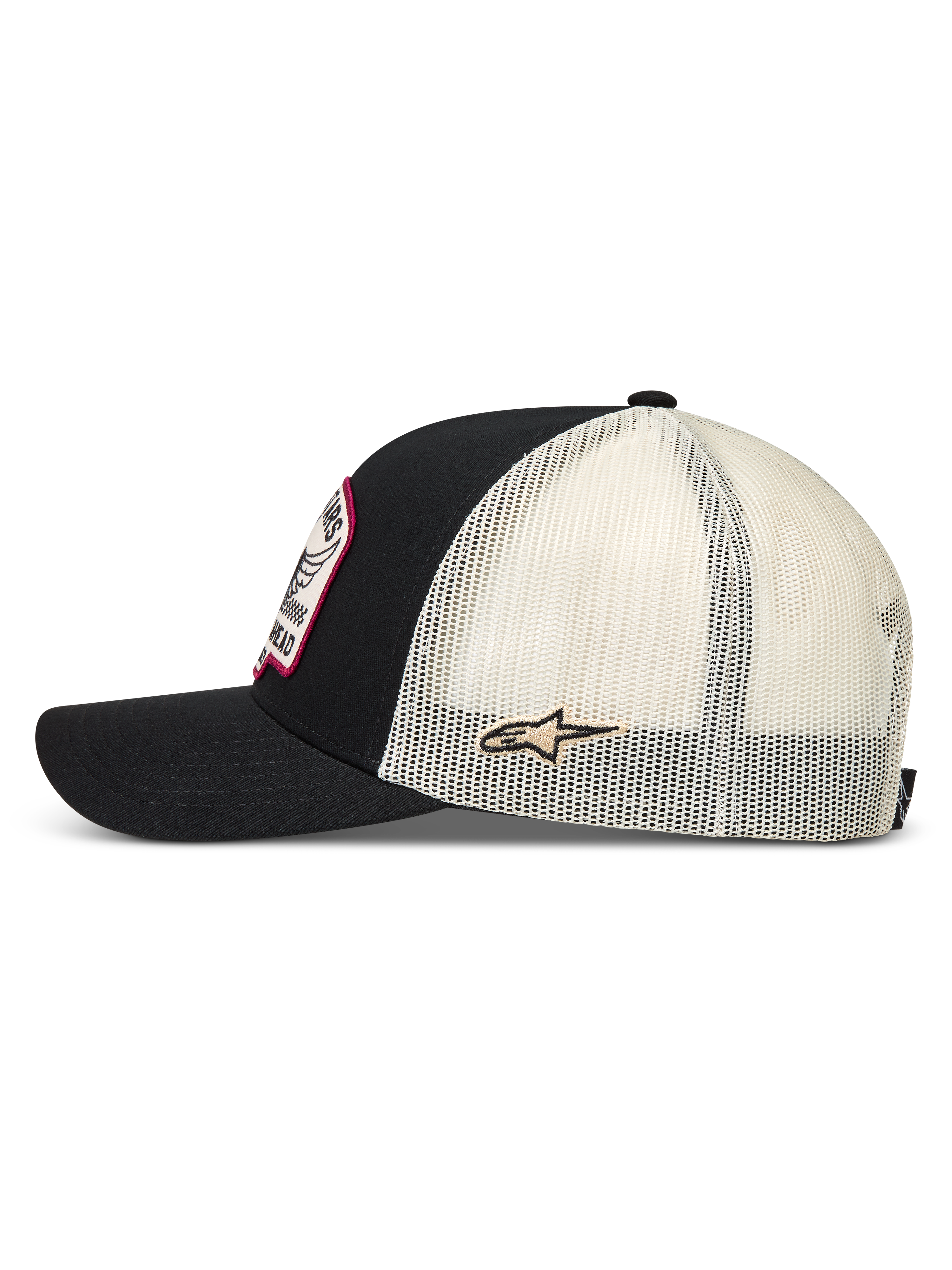 Alpinestars Heritage Patch Trucker Hat, Sportswear Snapback, Black and Natural, Mesh Back with Side Ageless Logo Patch.