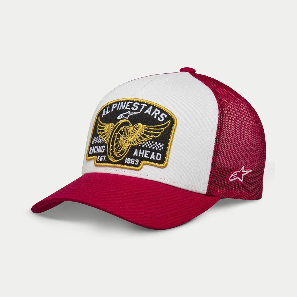 Alpinestars Heritage Patch Trucker Hat, White and Red, structured white front panel with large Alpinestars Racing Ahead embroidered patch, red curved bill and mesh back, side star logo, casual lifestyle headwear