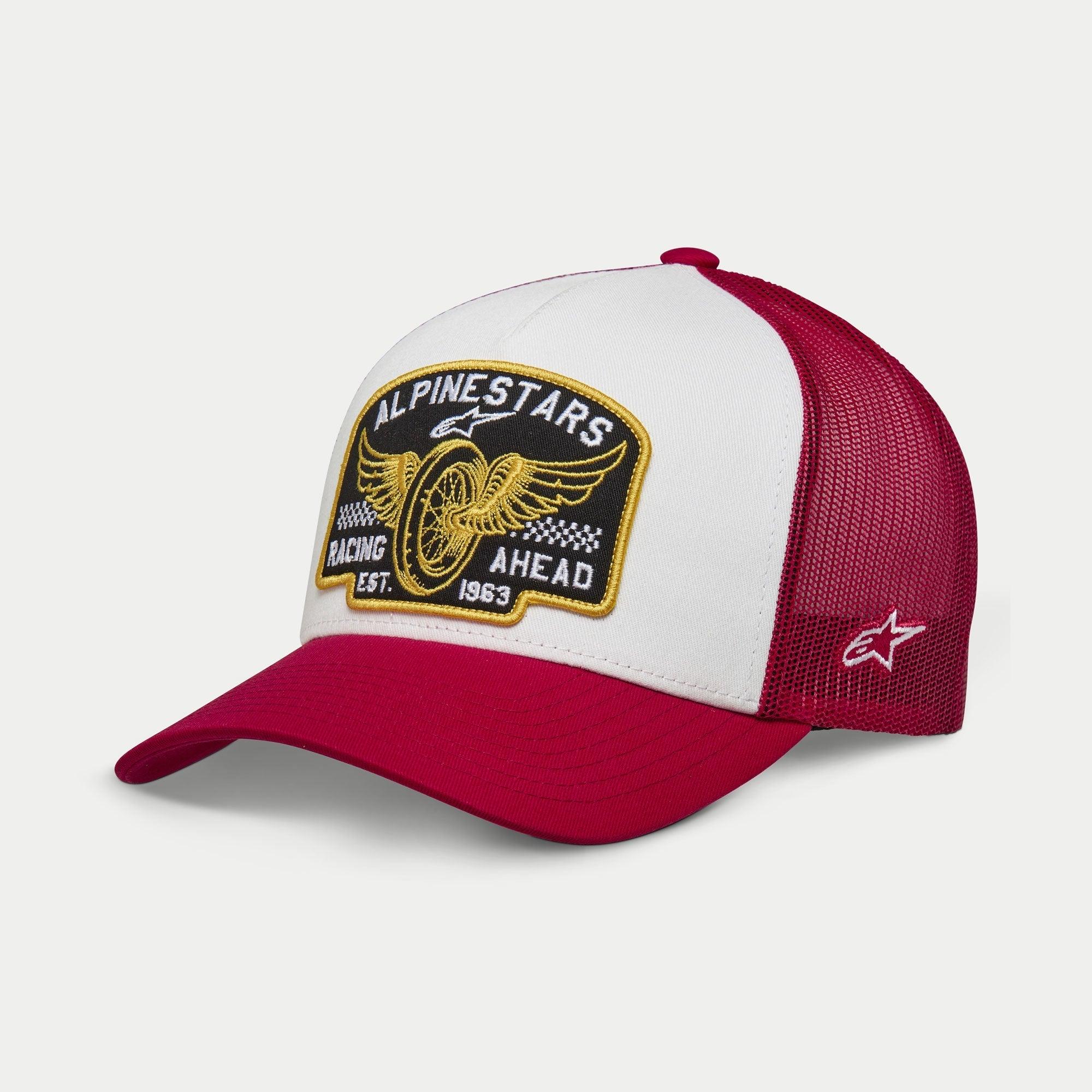 Alpinestars Heritage Patch Trucker Hat, White and Red, structured white front panel with large Alpinestars Racing Ahead embroidered patch, red curved bill and mesh back, side star logo, casual lifestyle headwear