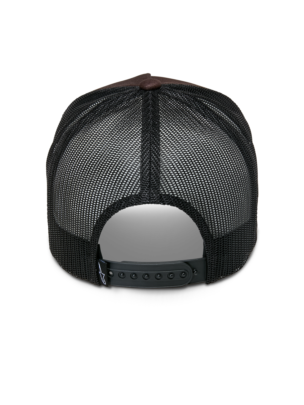 Casquette Trucker Alpinestars Heritage Patch, casquette trucker, marron et noir, vue arrière montrant les panneaux en maille noire, la fermeture snapback réglable et le petit logo blanc sur la lanière