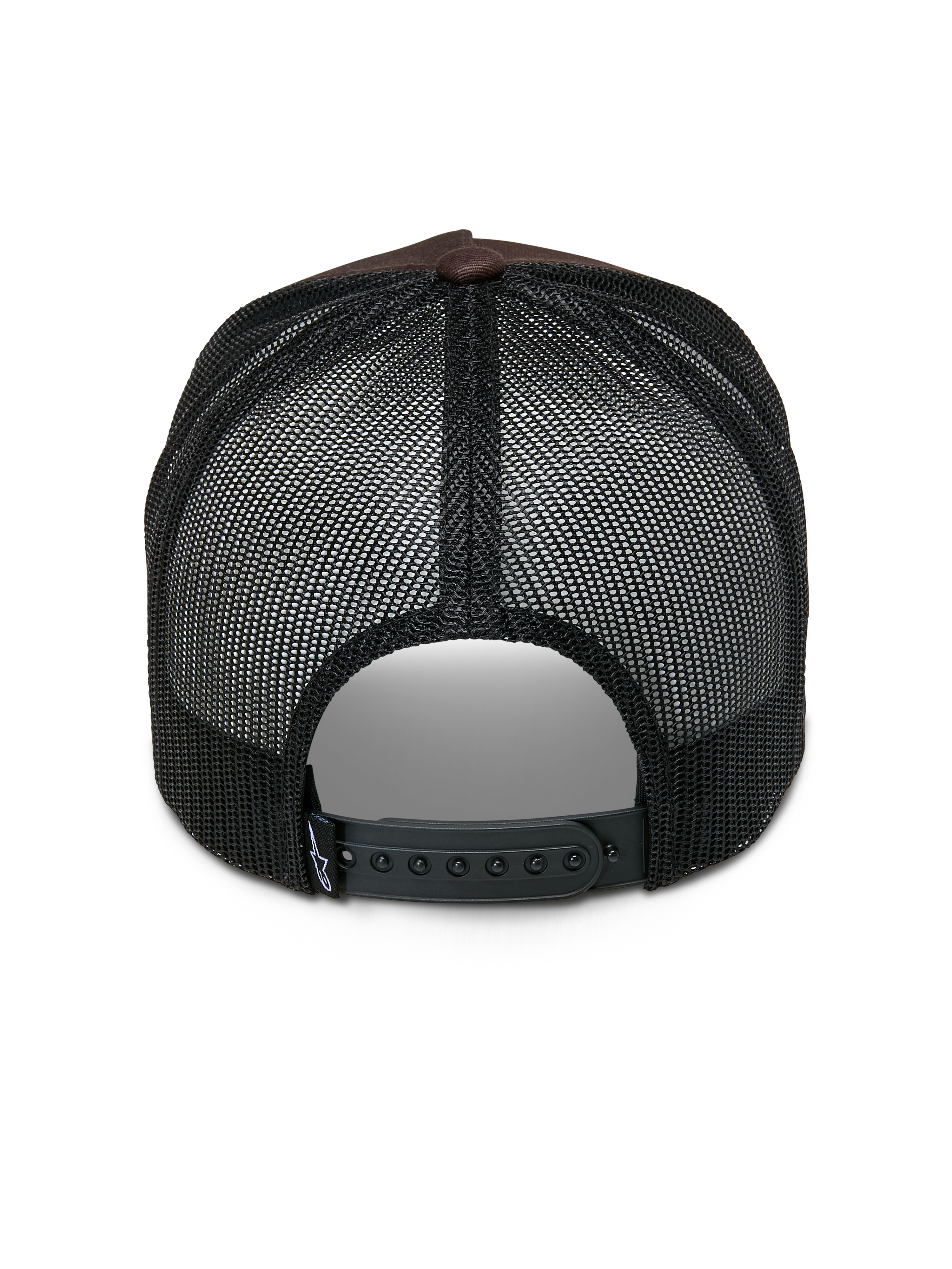 Casquette Trucker Alpinestars Heritage Patch, casquette trucker, marron et noir, vue arrière montrant les panneaux en maille noire, la fermeture snapback réglable et le petit logo blanc sur la lanière