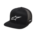 Casquette Trucker Alpinestars 3D Ageless, noire avec logo Alpinestars blanc, visière plate, couronne structurée, arrière en maille noire, vêtement de sport décontracté inspiré du sport automobile