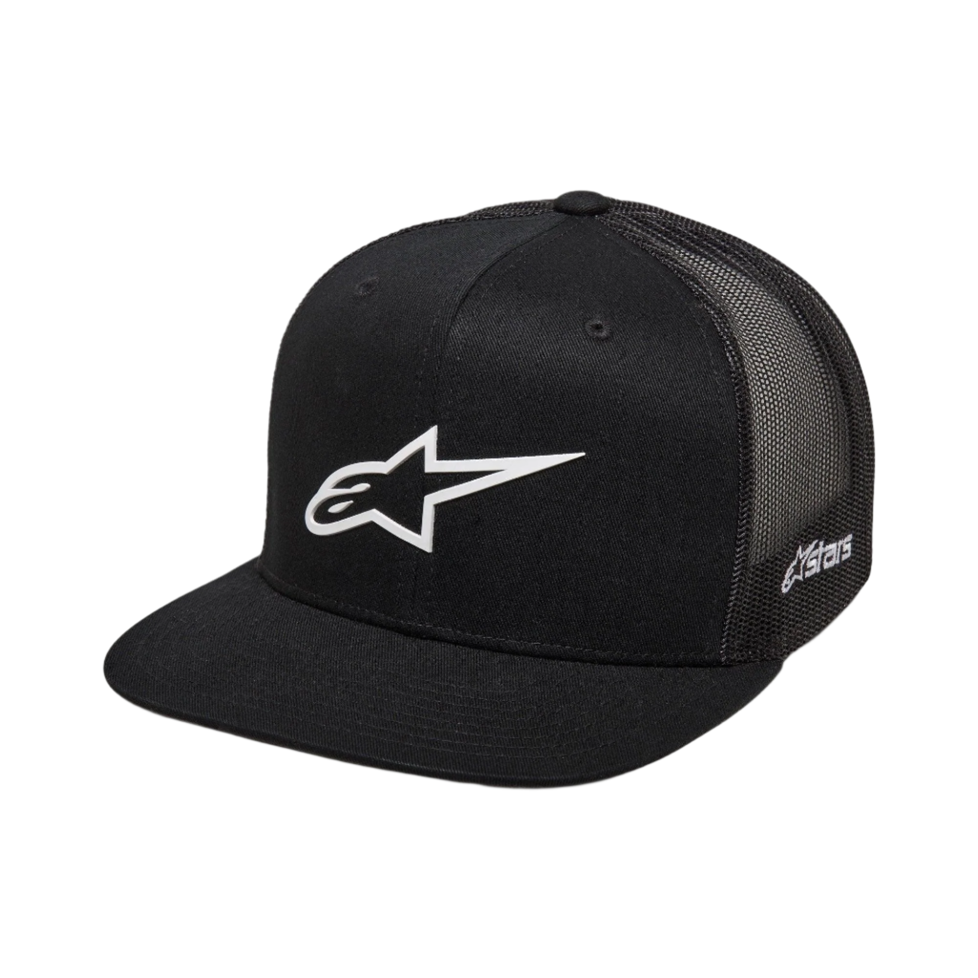 Casquette Trucker Alpinestars 3D Ageless, noire avec logo Alpinestars blanc, visière plate, couronne structurée, arrière en maille noire, vêtement de sport décontracté inspiré du sport automobile