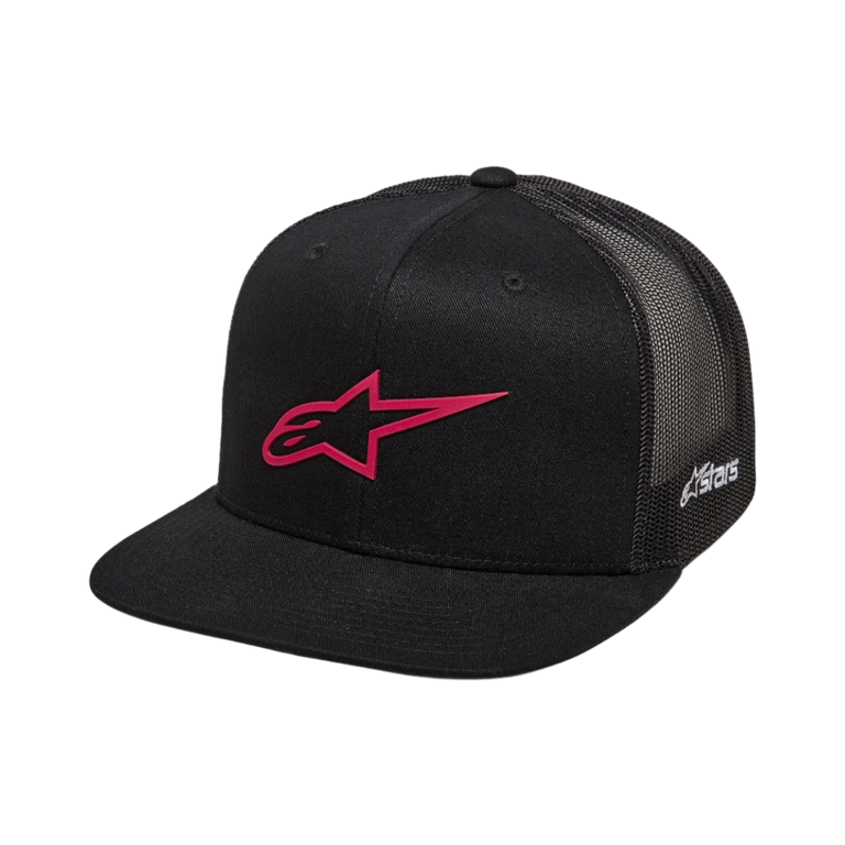 Alpinestars 3D Ageless Trucker pet, zwart met rood logo, met een platte klep en gestructureerde kroon, mesh achterkant, 3D geborduurd logo, casual motorsport hoofdbedekking