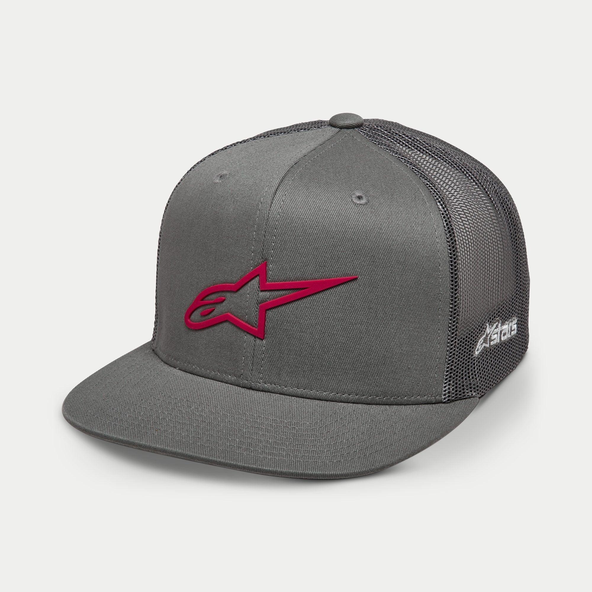 Alpinestars 3D Ageless Trucker Hat, Grey with Red logo, flat bill, structured crown, twill front with grey mesh back, 3D red embroidered logo, casual motorsport-inspired headwear