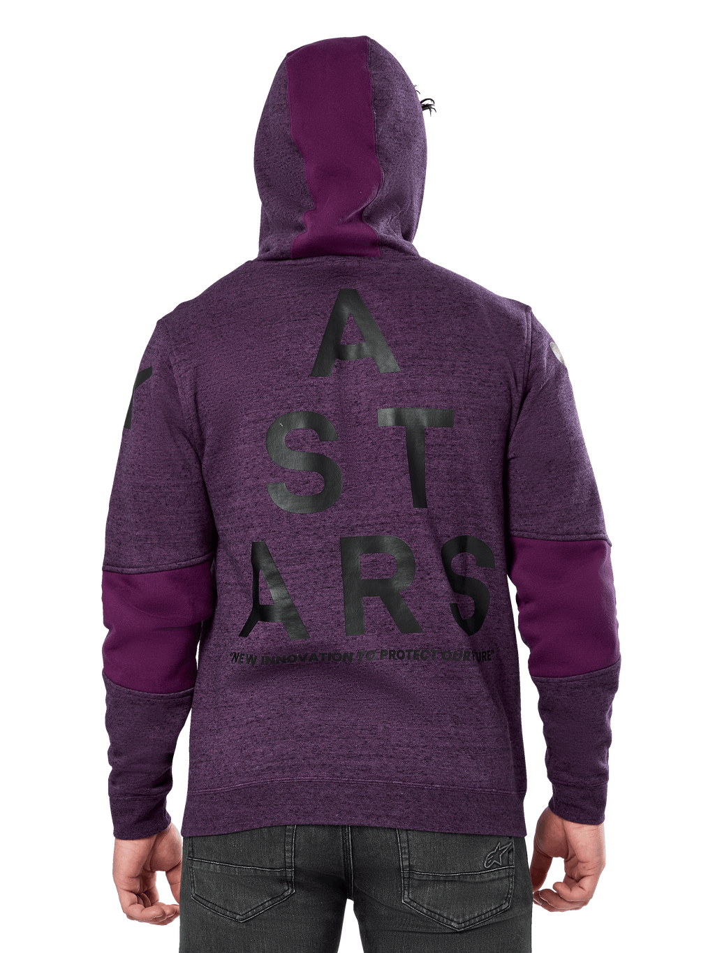 Alpinestars Perpetuate Hoodie, paars gemêleerde pullover fleece, achteraanzicht met grote zwarte 'ASTARS' graphic en 'NEW INNOVATION TO PROTECT OUR FUTURE' tekst, effen paarse kleurvlakken op de mouwen en capuchon, casual op de motorsport geïnspireerd ontwerp