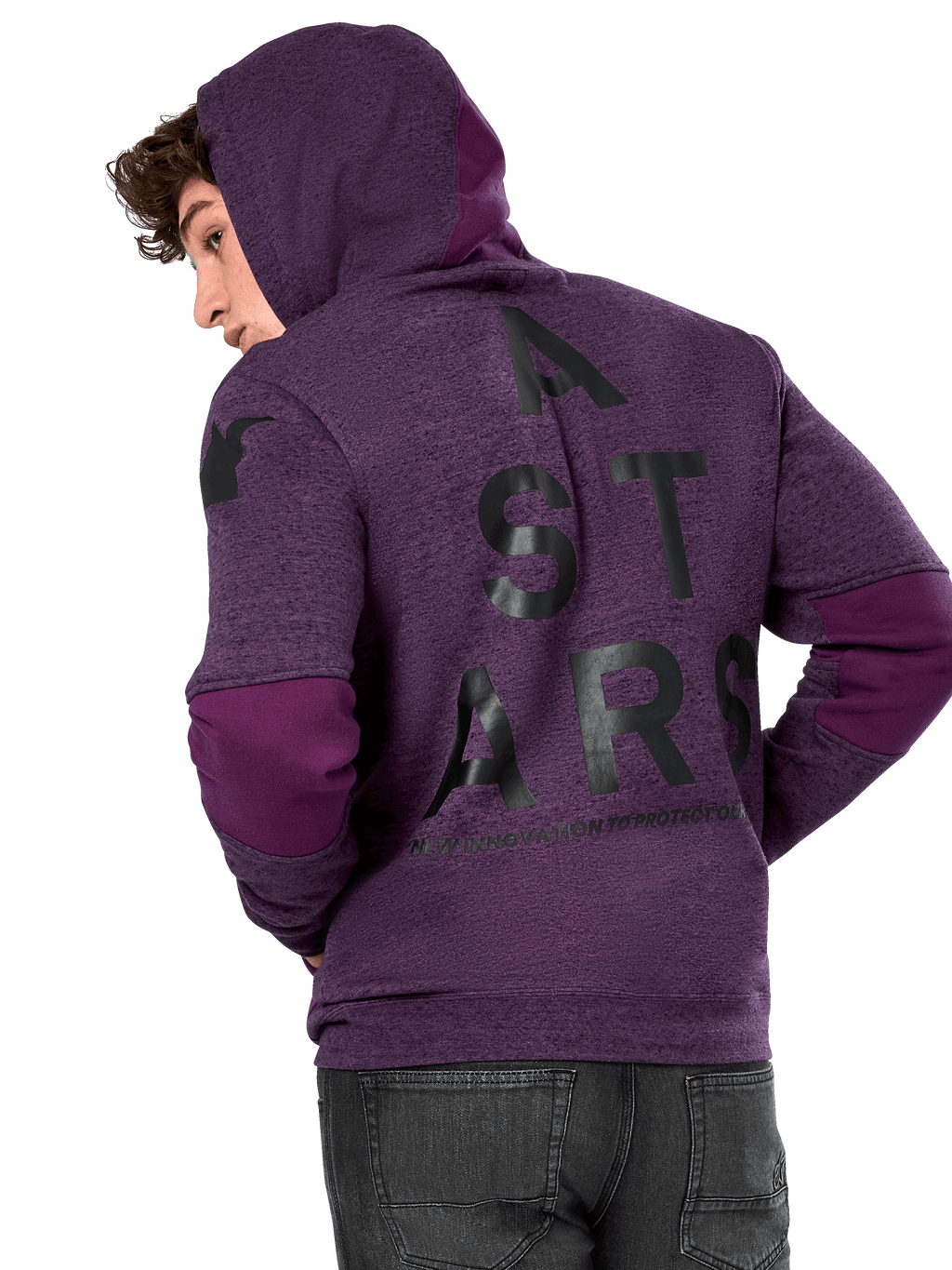 Alpinestars Perpetuate Hoodie, paarse gemêleerde fleece, achteraanzicht met grote zwarte 'A STARS' graphic en donkerpaarse kleurvlakken op de ellebogen en capuchon, casual streetwear geïnspireerd op de motorsport.