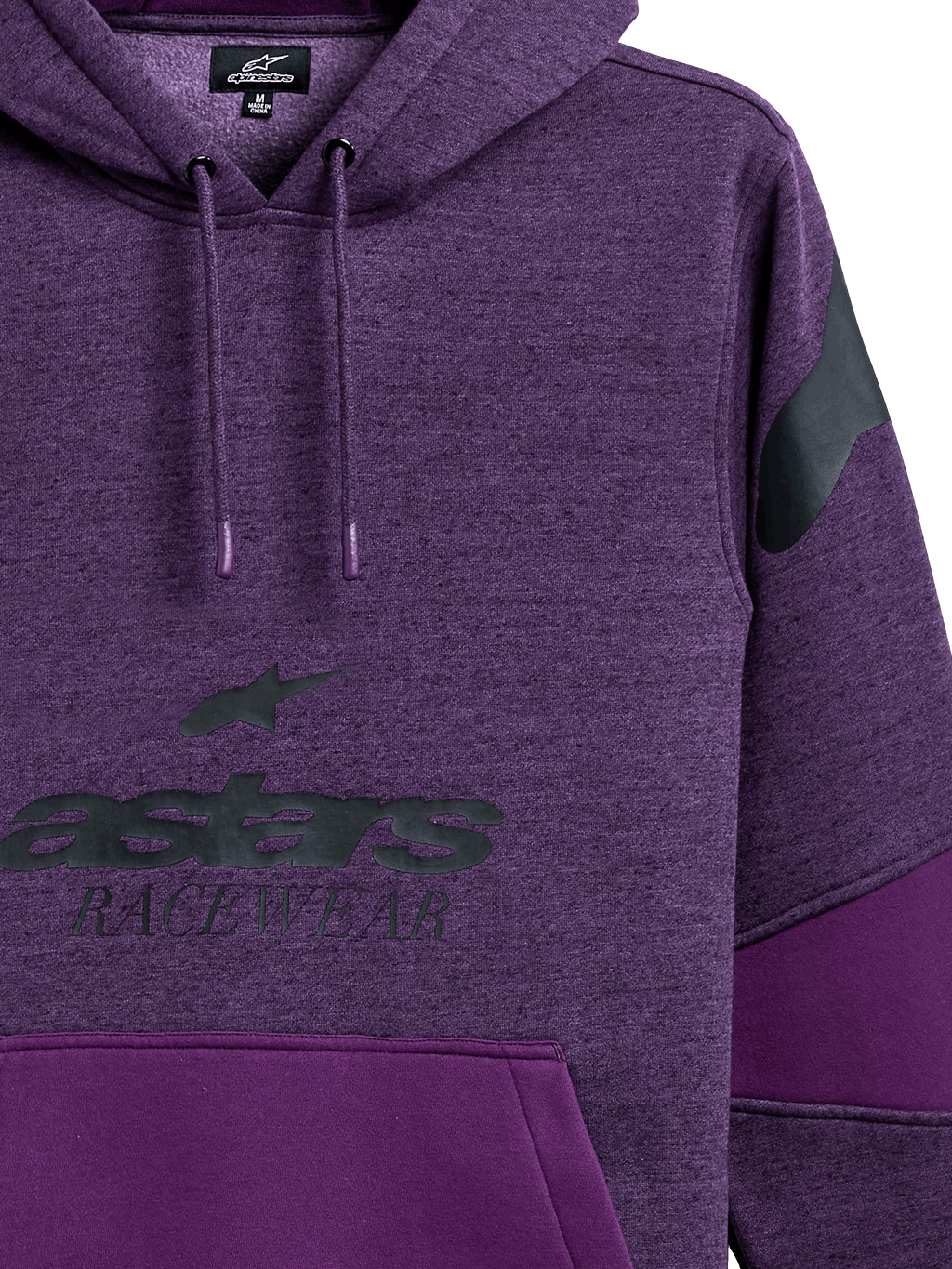 Alpinestars Perpetuate Hoodie, paars gemêleerde pullover hoodie, zwarte astars RACEWEAR graphic op de borst, zwart logo op de schouder, stofblokken met effen paarse panelen, capuchon met trekkoord en gedompelde uiteinden, casual motorsport-geïnspireerd ontwerp