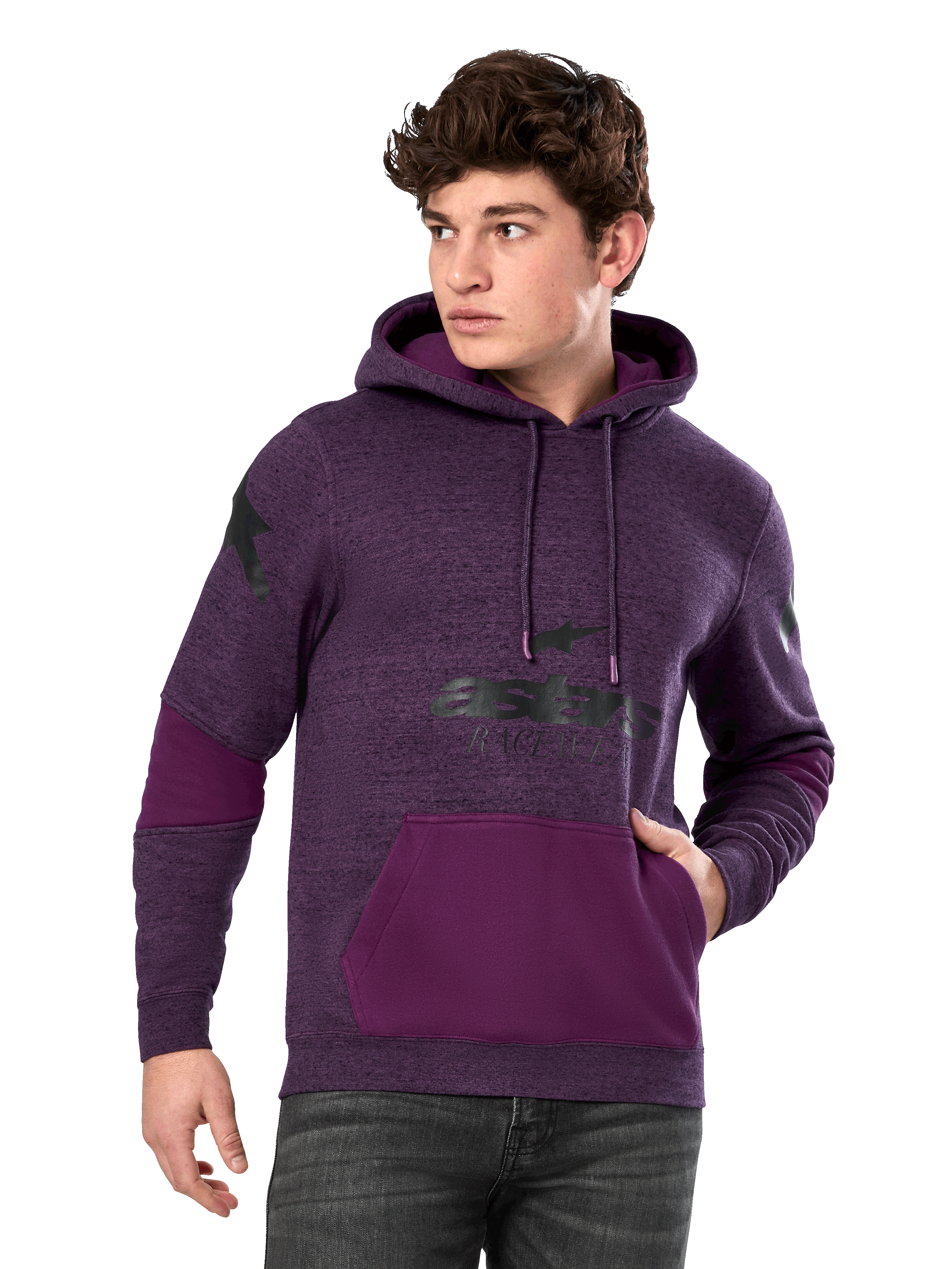 Alpinestars Perpetuate Hoodie, Purple Heather and Dark Purple, Men's Pull-over Fleece, Black Logo Graphics, Kangaroo Pocket, Casual Motorsport-Inspired Streetwear