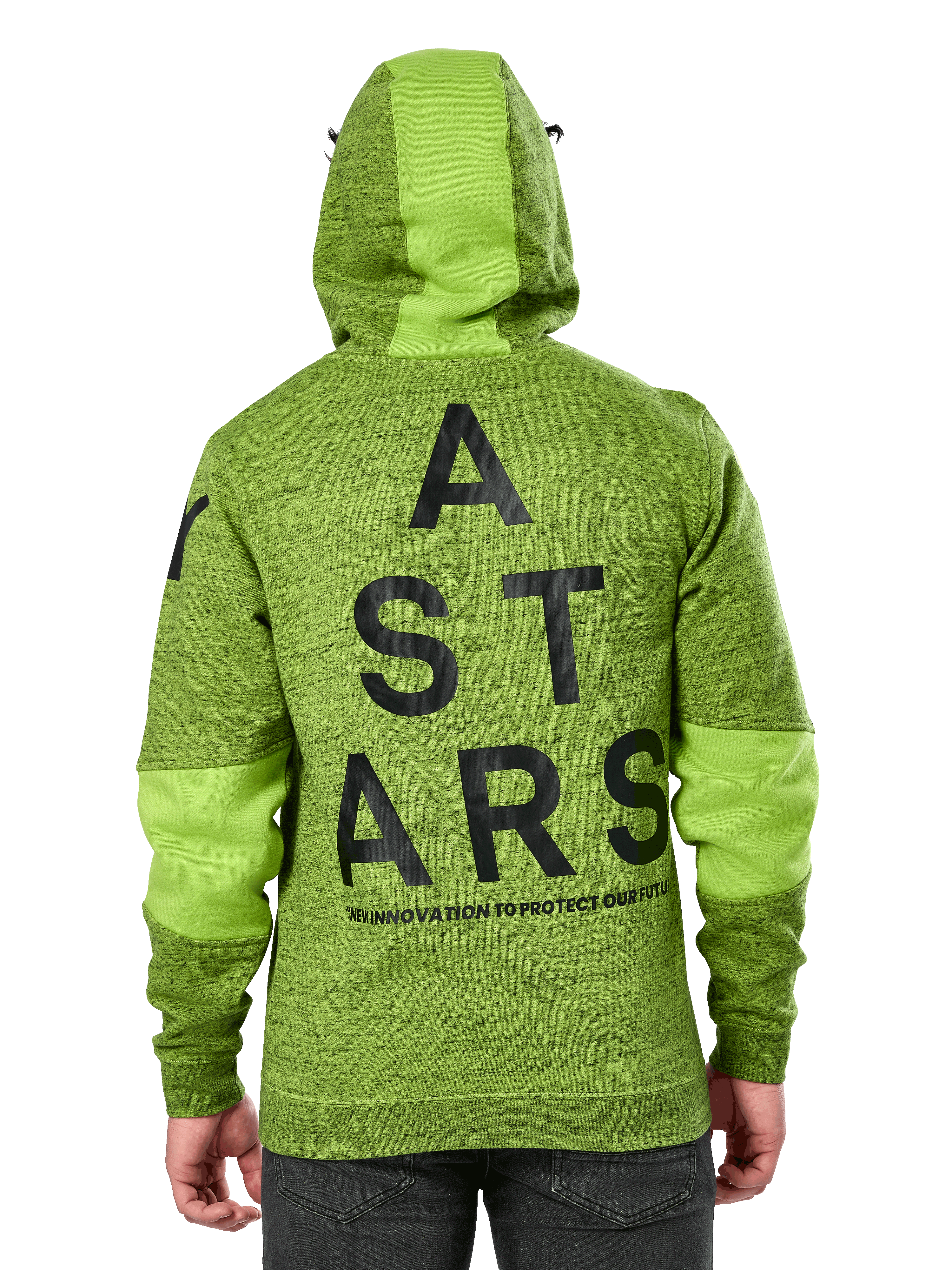 Alpinestars Perpetuate Hoodie, achteraanzicht, limoengroene gemêleerde fleece met effen groene kleurvlakken op de capuchon en mouwen, groot zwart ASTARS-logo op de rug, casual motorsport-geïnspireerde streetwear