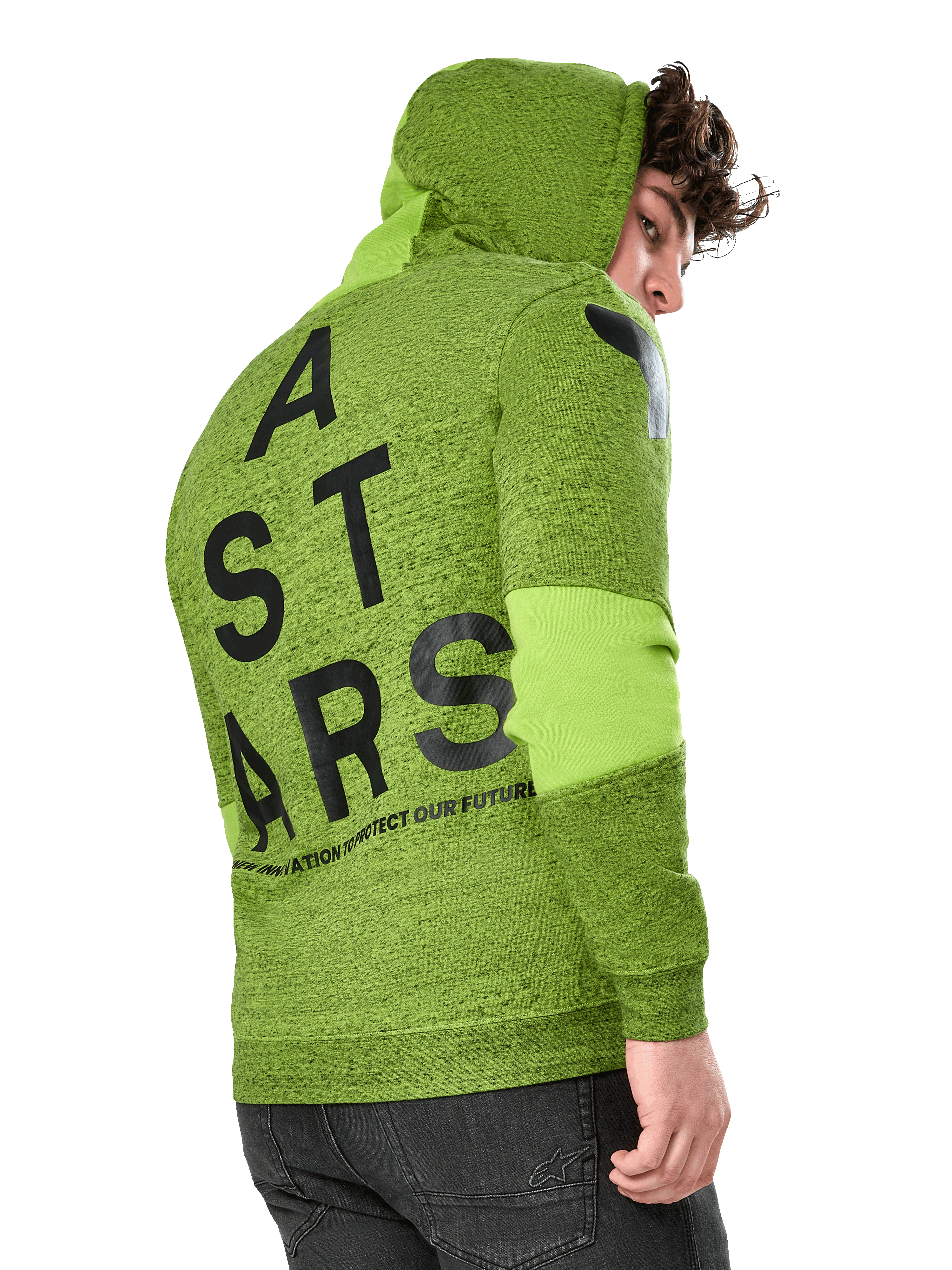 Alpinestars Perpetuate Hoodie, casual sportswear hoodie, limoengroen gemêleerd fleece, achteraanzicht met grote zwarte verticale ASTARS-graphic op de rug en schouderlogo, stofblokkering op de mouwen, capuchon met trekkoord, moderne motorsport-geïnspireerde streetwear.