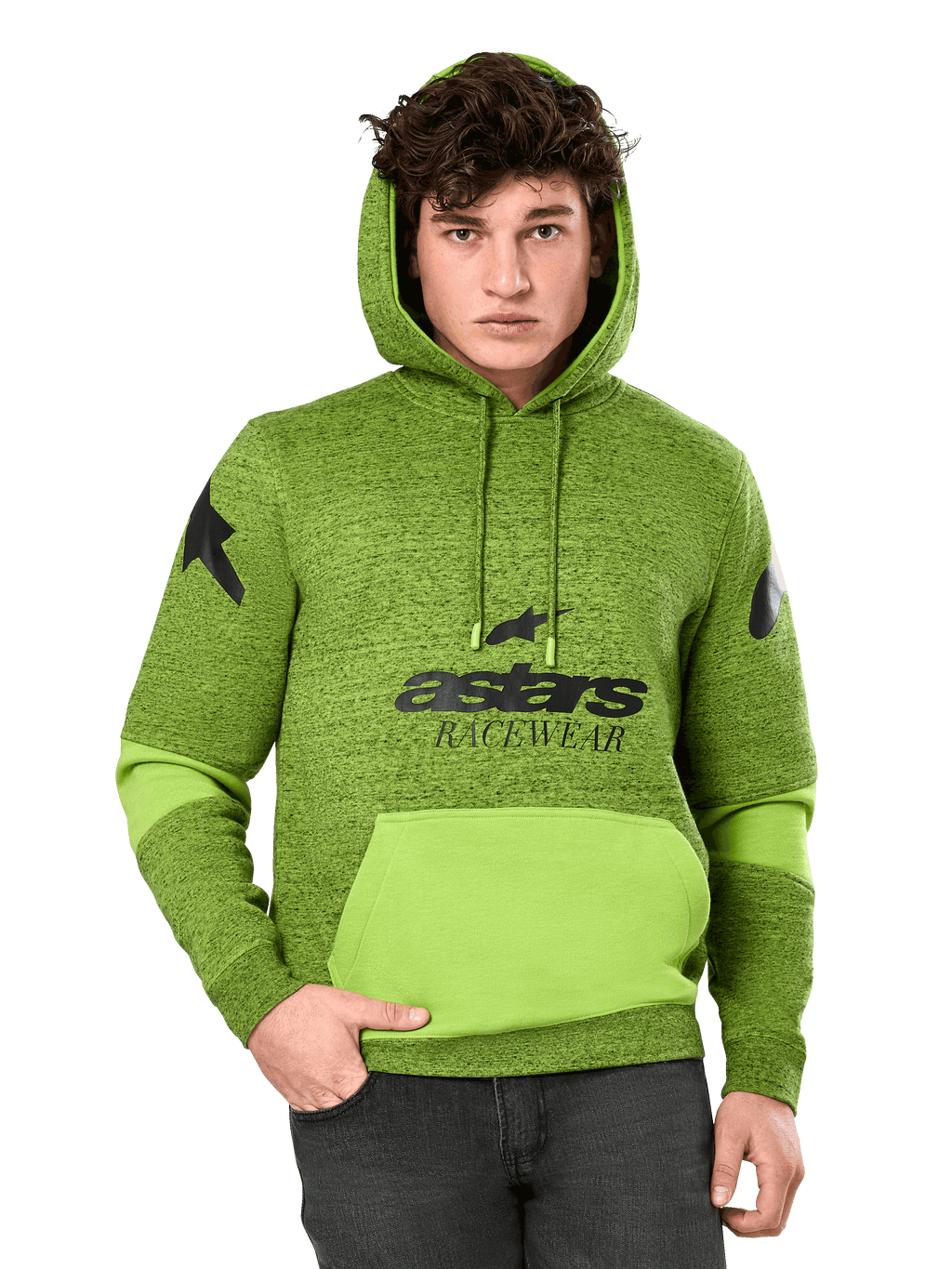 Alpinestars Perpetuate Hoodie, heren pullover hoodie in gemêleerd groen en limegroen, met felgroene kleurvlakken op de kangoeroezak en mouwen, zwart 'astars RACEWEAR' logo op de borst en sterlogo's op de schouders, casual motorsport streetwear