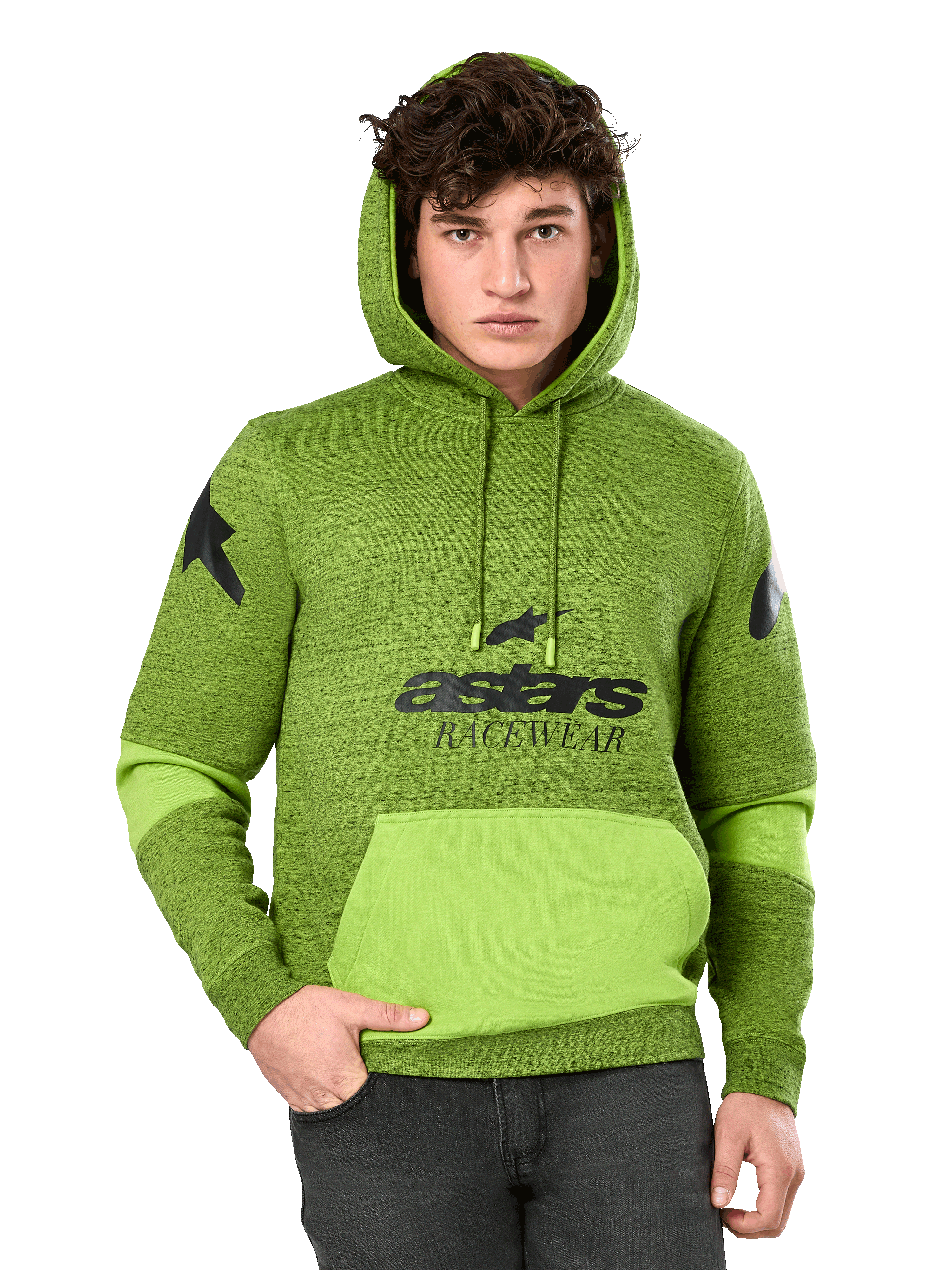 Alpinestars Perpetuate Hoodie, sweat à capuche pour homme vert chiné et lime, doté d'empiècements vert citron vif sur la poche kangourou et les manches, graphisme noir « astars RACEWEAR » sur la poitrine et logos étoiles sur les épaules, streetwear motorsport décontracté