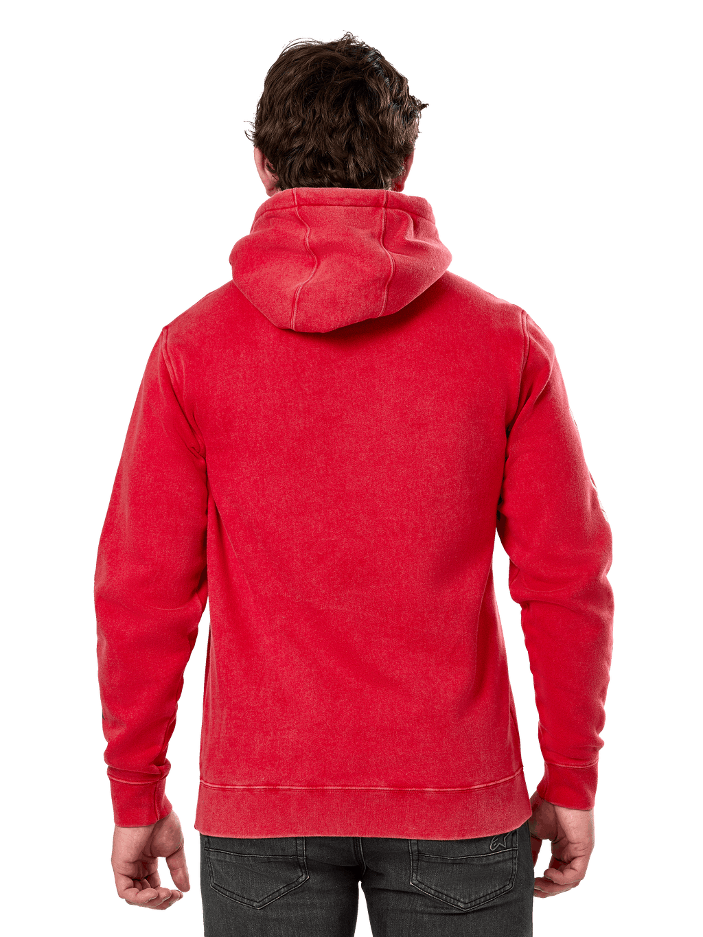 Alpinestars Unbound Hoodie, achteraanzicht van een rode fleece pullover behandeld met kledingverf, casual streetwear, voorzien van geribde manchetten en zoom, zelfgevoerde capuchon, gedragen met een donkere broek