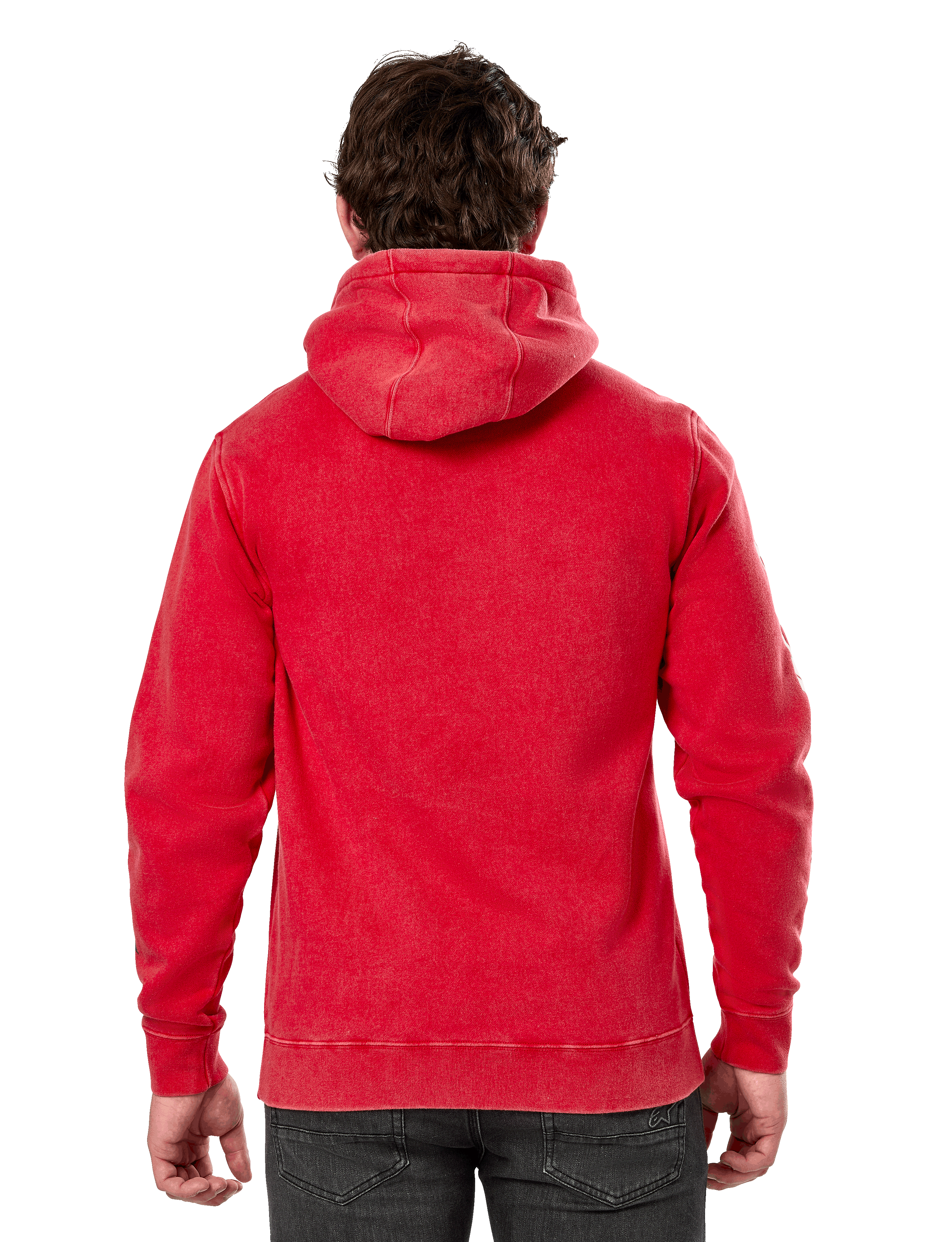 Alpinestars Unbound Hoodie, achteraanzicht van een rode fleece pullover behandeld met kledingverf, casual streetwear, voorzien van geribde manchetten en zoom, zelfgevoerde capuchon, gedragen met een donkere broek