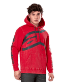Alpinestars Unbound hoodie, pullover fleece hoodie, garment-dyed rood, groot grijs logo op de borst, Alpinestars-woordmerk op de mouwen, kangoeroezak en capuchon met trekkoord, casual motorsport-geïnspireerde streetwear