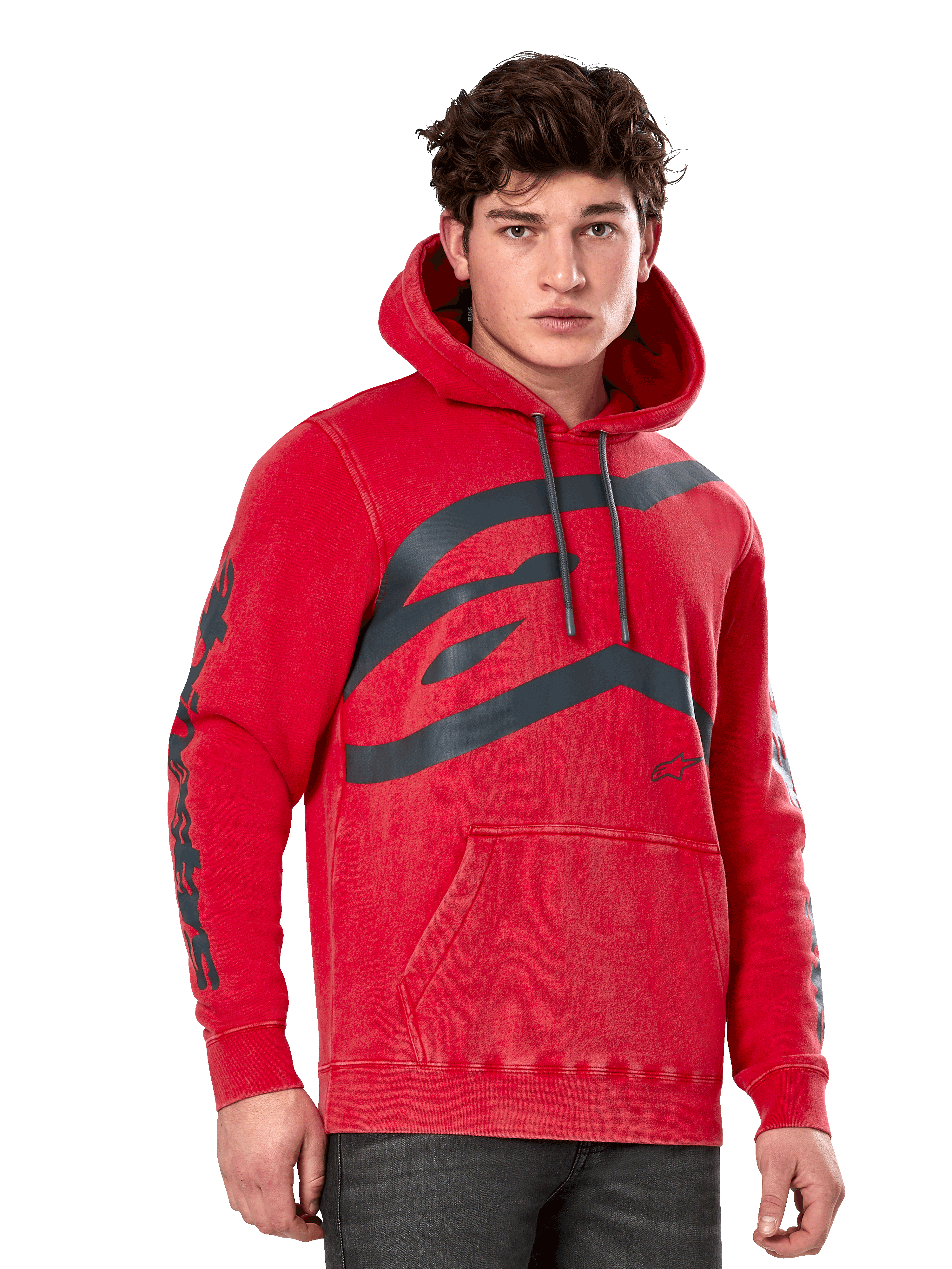 Alpinestars Unbound hoodie, pullover fleece hoodie, garment-dyed rood, groot grijs logo op de borst, Alpinestars-woordmerk op de mouwen, kangoeroezak en capuchon met trekkoord, casual motorsport-geïnspireerde streetwear