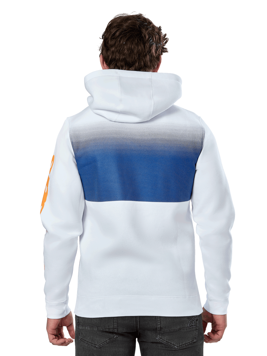Alpinestars Specter Hoodie, wit, casual streetwear hoodie met een blauwe kleurverloop-print op de achterkant, oranje woordmerk-logo op de mouw, achteraanzicht