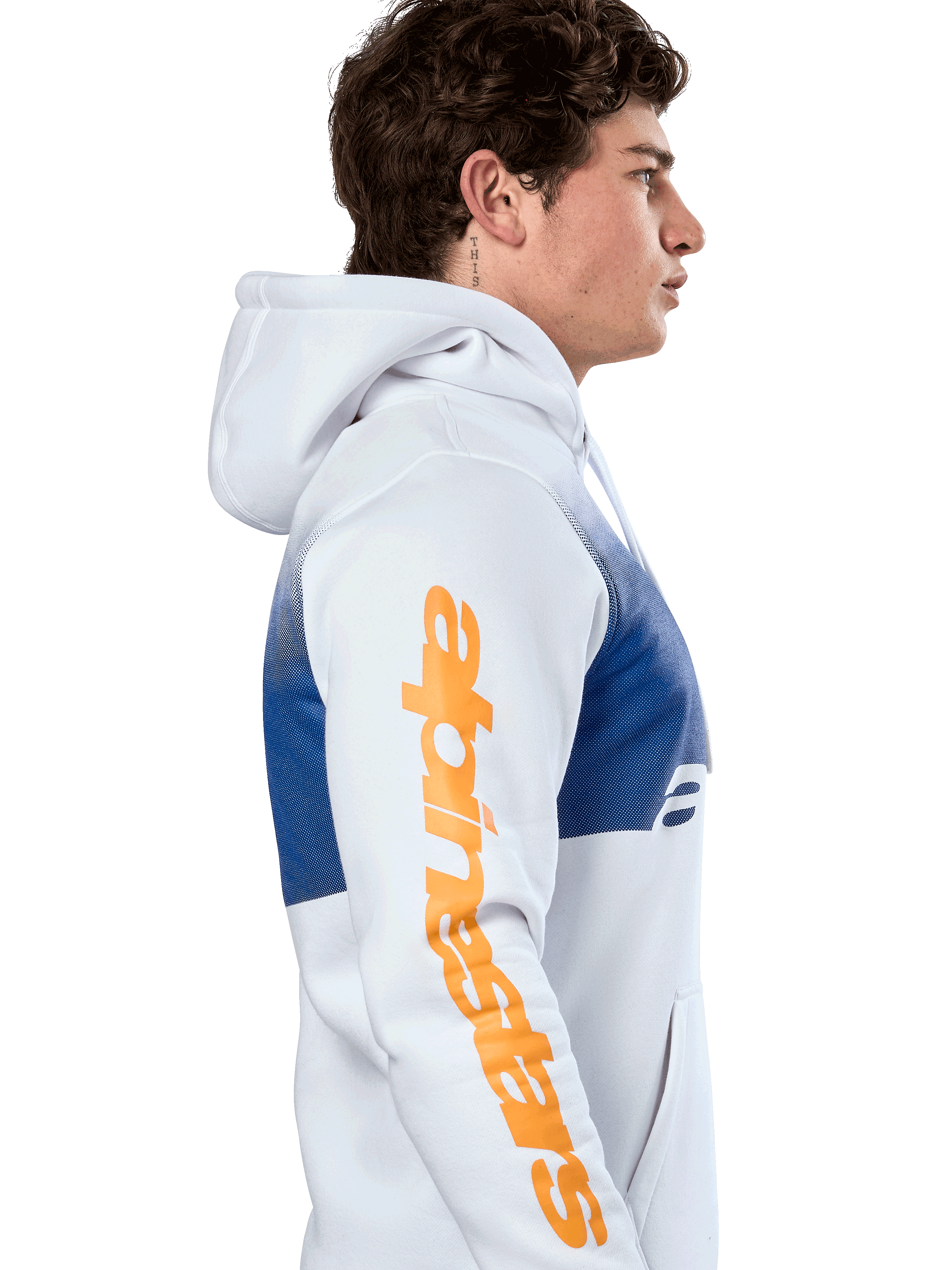 Alpinestars Specter Hoodie, casual streetwear, wit met blauwe verloopvervaging print, groot oranje Alpinestars woordmerk op de mouw, zijprofiel van een man die een pullover hoodie draagt