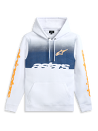 Alpinestars Specter Hoodie, white sportswear fleece pullover with gradation fade print, kangaroo pocket, and orange sleeve wordmarks