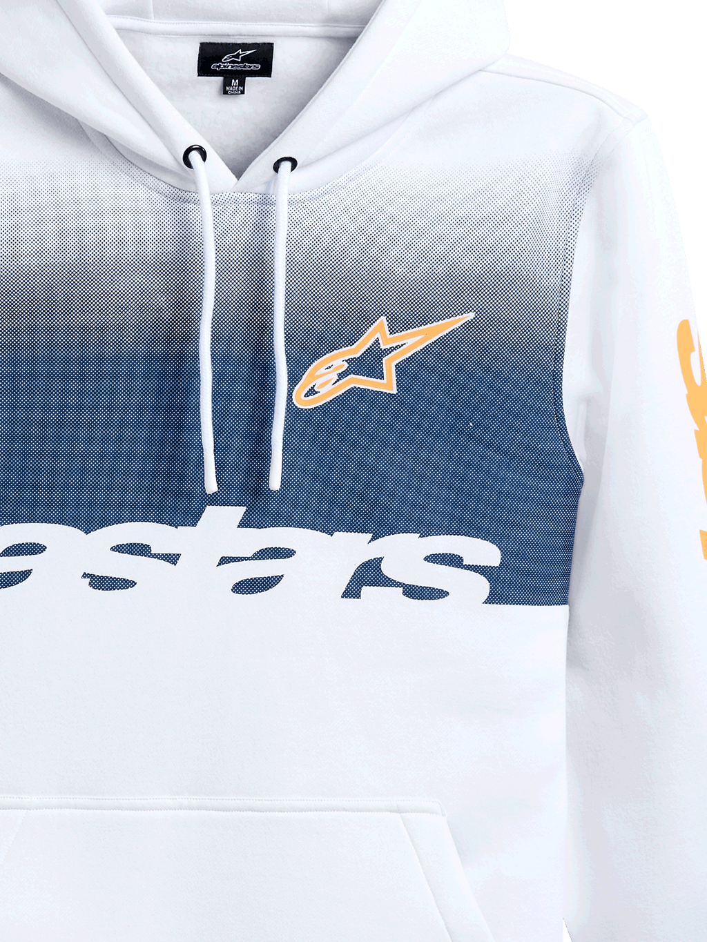 Alpinestars Specter Hoodie, wit met marineblauwe verloopvervaging-print, voorzien van oranje Alpinestars ster-logo en wit woordmerk, casual motorsport-geïnspireerde streetwear fleece hoodie met capuchon met trekkoord