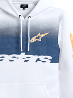 Alpinestars Specter Hoodie, wit met marineblauwe verloopvervaging-print, voorzien van oranje Alpinestars ster-logo en wit woordmerk, casual motorsport-geïnspireerde streetwear fleece hoodie met capuchon met trekkoord
