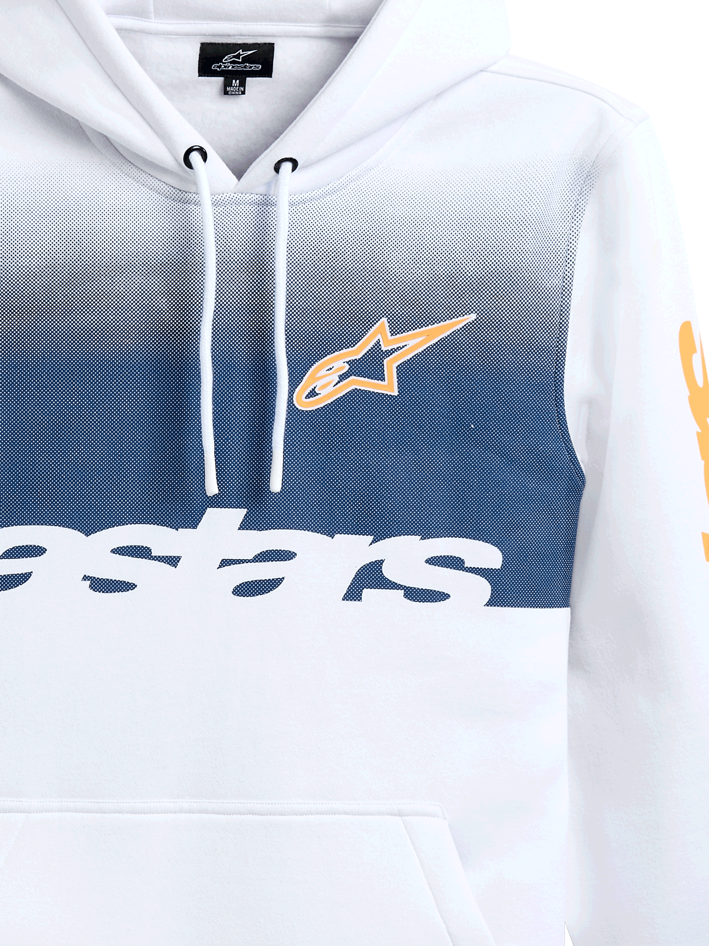 Alpinestars Specter Hoodie, wit met marineblauwe verloopvervaging-print, voorzien van oranje Alpinestars ster-logo en wit woordmerk, casual motorsport-geïnspireerde streetwear fleece hoodie met capuchon met trekkoord