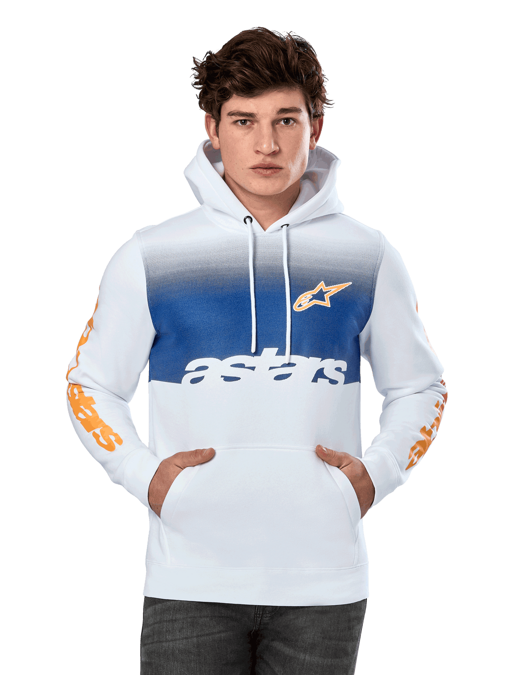 Alpinestars Specter hoodie, wit met blauw kleurverloop op de borst, voorzien van oranje sterlogo en tekst op de mouwen, witte astars-tekst, kangoeroezak aan de voorzijde, capuchon met trekkoord, casual motorsport streetwear
