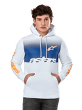 Alpinestars Specter hoodie, wit met blauw kleurverloop op de borst, voorzien van oranje sterlogo en tekst op de mouwen, witte astars-tekst, kangoeroezak aan de voorzijde, capuchon met trekkoord, casual motorsport streetwear