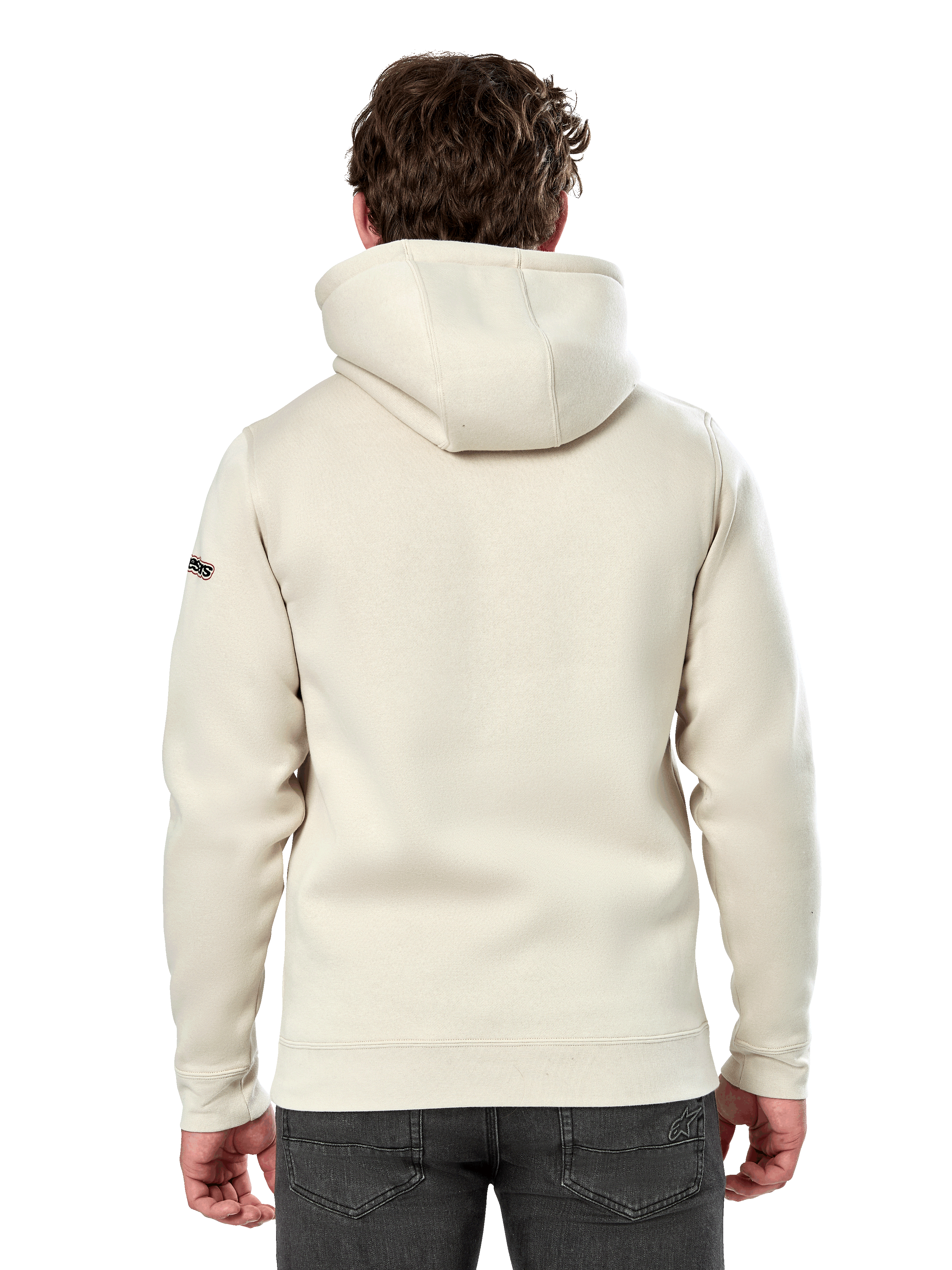 Alpinestars Insignia Hoodie, achteraanzicht van een man die een casual pullover fleece draagt, Off White, met een zelfgevoerde capuchon en ribboorden, motorsport-geïnspireerde streetwear