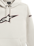 Alpinestars Insignia Hoodie, casual pullover fleece, off-white, groot Astars-logo op de borst met rode omtrek, logo op de mouw, capuchon met trekkoord, kangoeroezak, op de motorsport geïnspireerd ontwerp