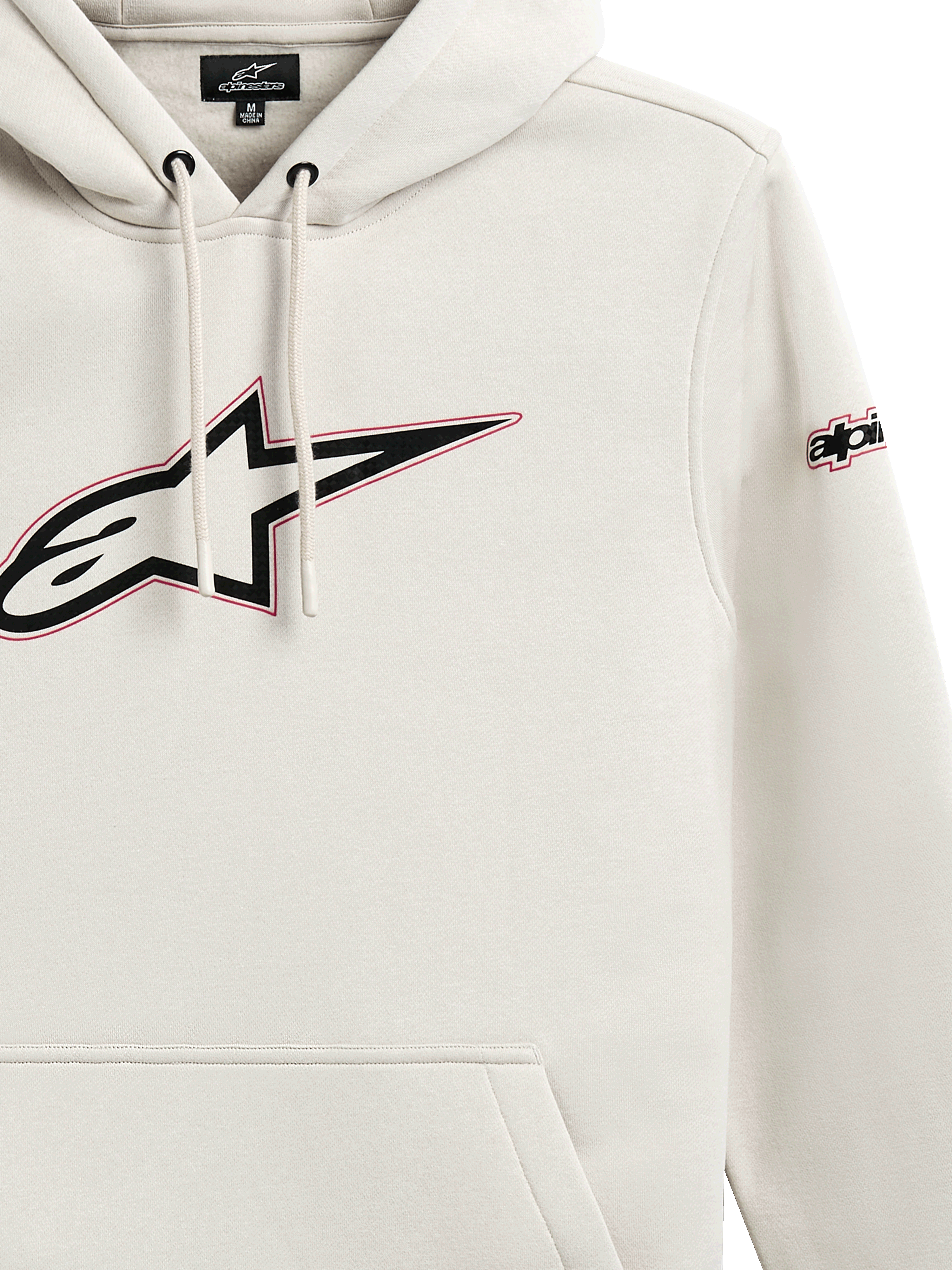 Alpinestars Insignia Hoodie, casual pullover fleece, off-white, groot Astars-logo op de borst met rode omtrek, logo op de mouw, capuchon met trekkoord, kangoeroezak, op de motorsport geïnspireerd ontwerp
