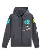 Alpinestars Variegate Hoodie, fleece hoodie met ritssluiting, Gunmetal grijs, opvallende neon logo's op de borst en mouwen, kangoeroezak, capuchon met trekkoord, casual motorsport-geïnspireerde streetwear