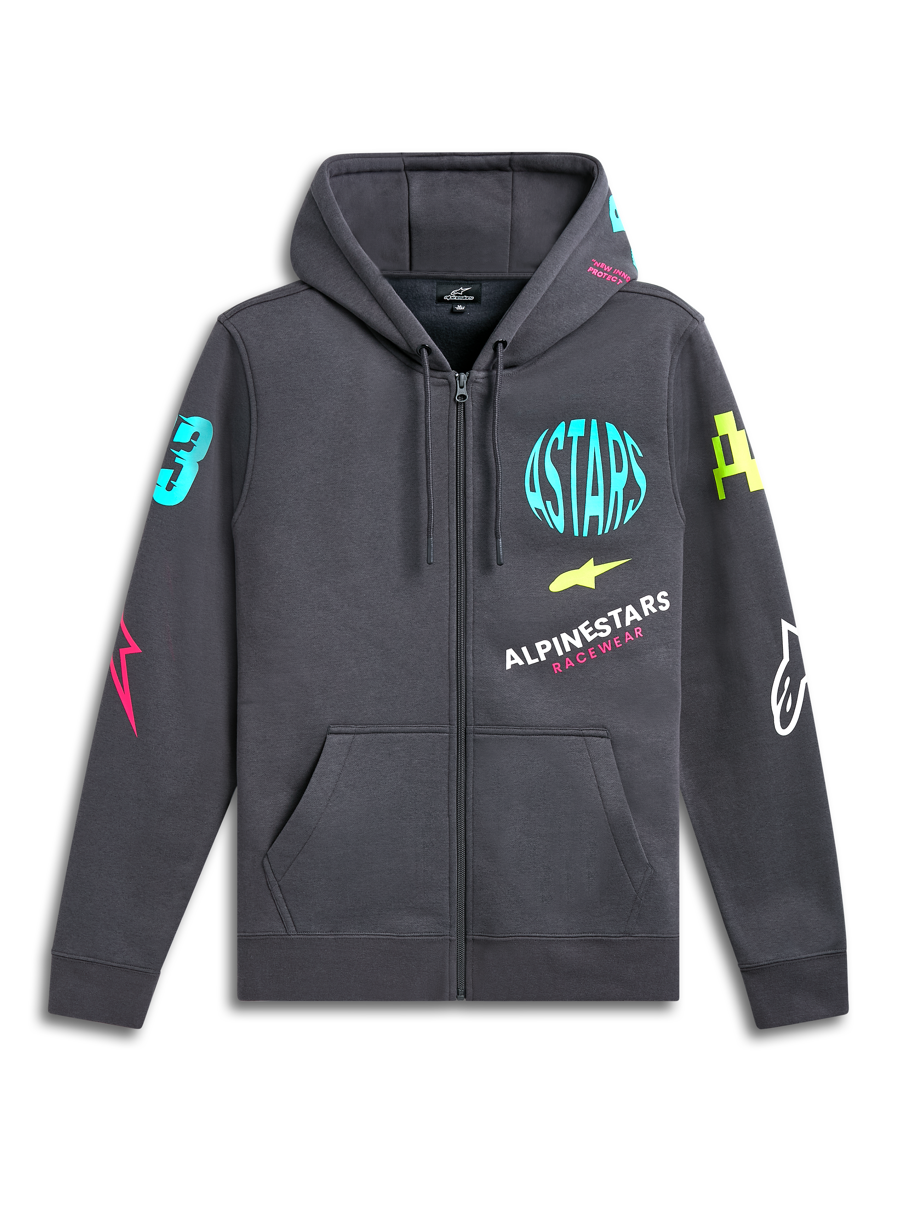 Alpinestars Variegate Hoodie, fleece hoodie met ritssluiting, Gunmetal grijs, opvallende neon logo's op de borst en mouwen, kangoeroezak, capuchon met trekkoord, casual motorsport-geïnspireerde streetwear
