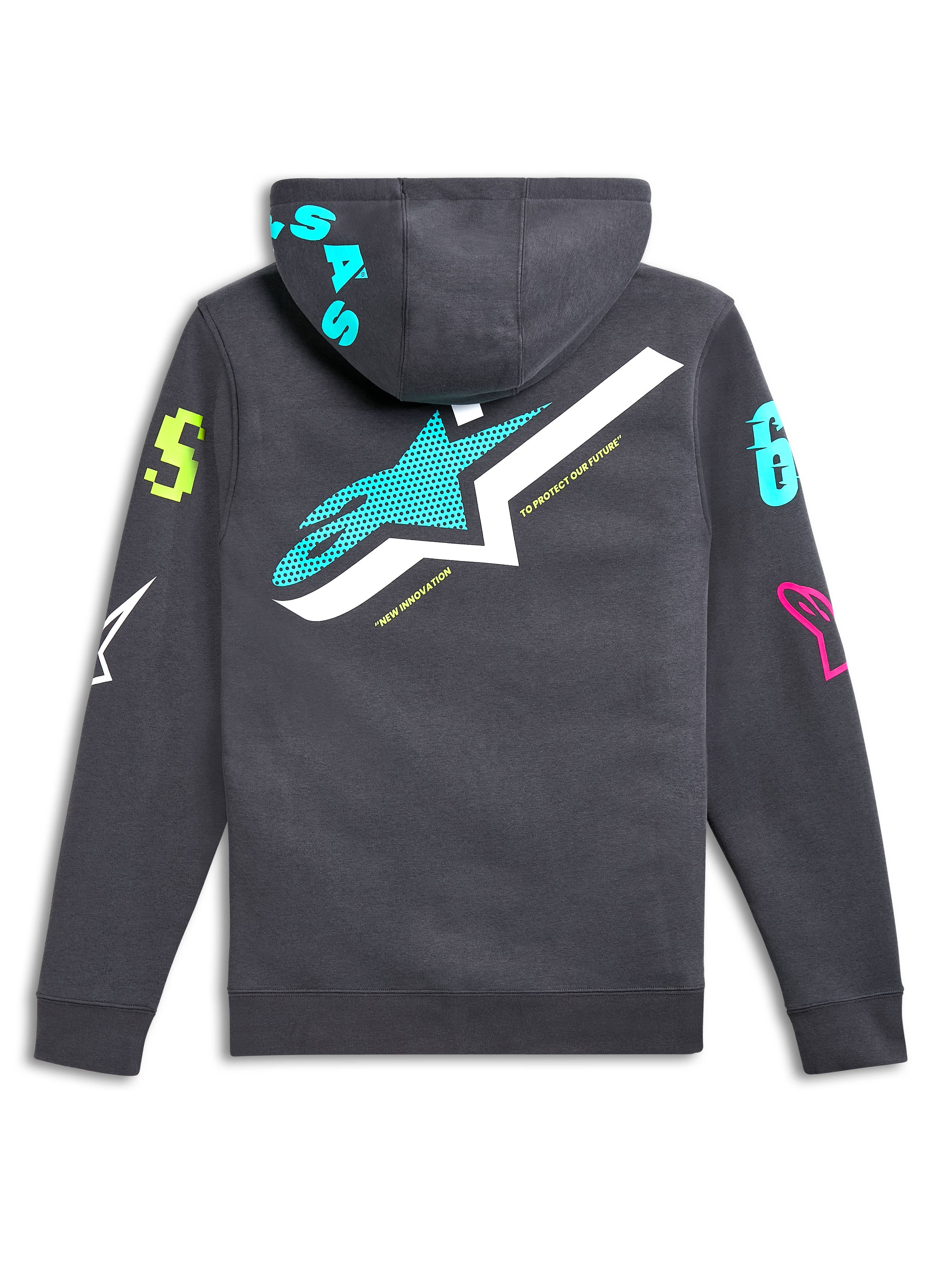 Alpinestars Variegate Hoodie, achteraanzicht, gunmetal grijs met groot blauwgroen en wit sterlogo, levendige veelkleurige grafische logo's op de mouwen en capuchon, casual door motorsport geïnspireerde streetwear