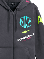 Alpinestars Variegate Hoodie, fleece hoodie met ritssluiting, Gunmetal grijs met veelkleurige logo-graphics, voorzien van een lichtblauwe ASTARS-cirkel, limoengroene accenten en roze belettering, casual motorsport streetwear