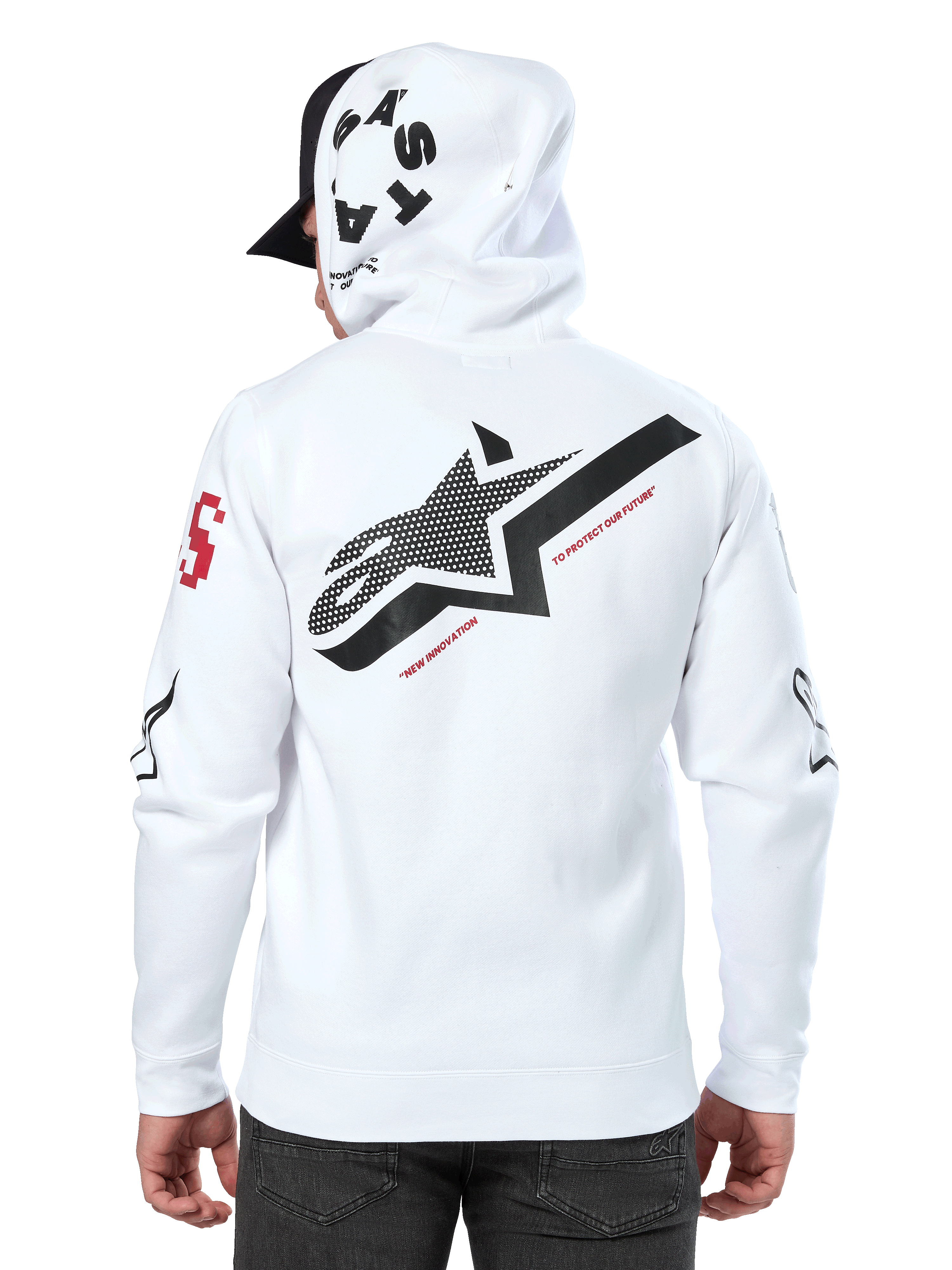 Alpinestars Variegate Hoodie, wit, achteraanzicht met groot zwart ster-logo en rode tekst, multi-logo artwork op de mouwen en capuchon, casual motorsport streetwear