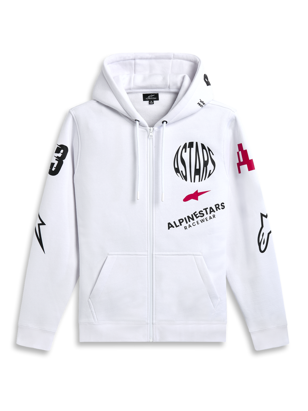 Alpinestars Variegate Hoodie, wit fleece vest met ritssluiting, multi-logo artwork met zwarte cirkelvormige ASTARS tekst en rood logo op de borst, graphics op de mouwen, kangoeroezakken en capuchon met trekkoord, casual motorsport streetwear