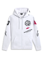 Alpinestars Variegate Hoodie, wit fleece vest met ritssluiting, multi-logo artwork met zwarte cirkelvormige ASTARS tekst en rood logo op de borst, graphics op de mouwen, kangoeroezakken en capuchon met trekkoord, casual motorsport streetwear