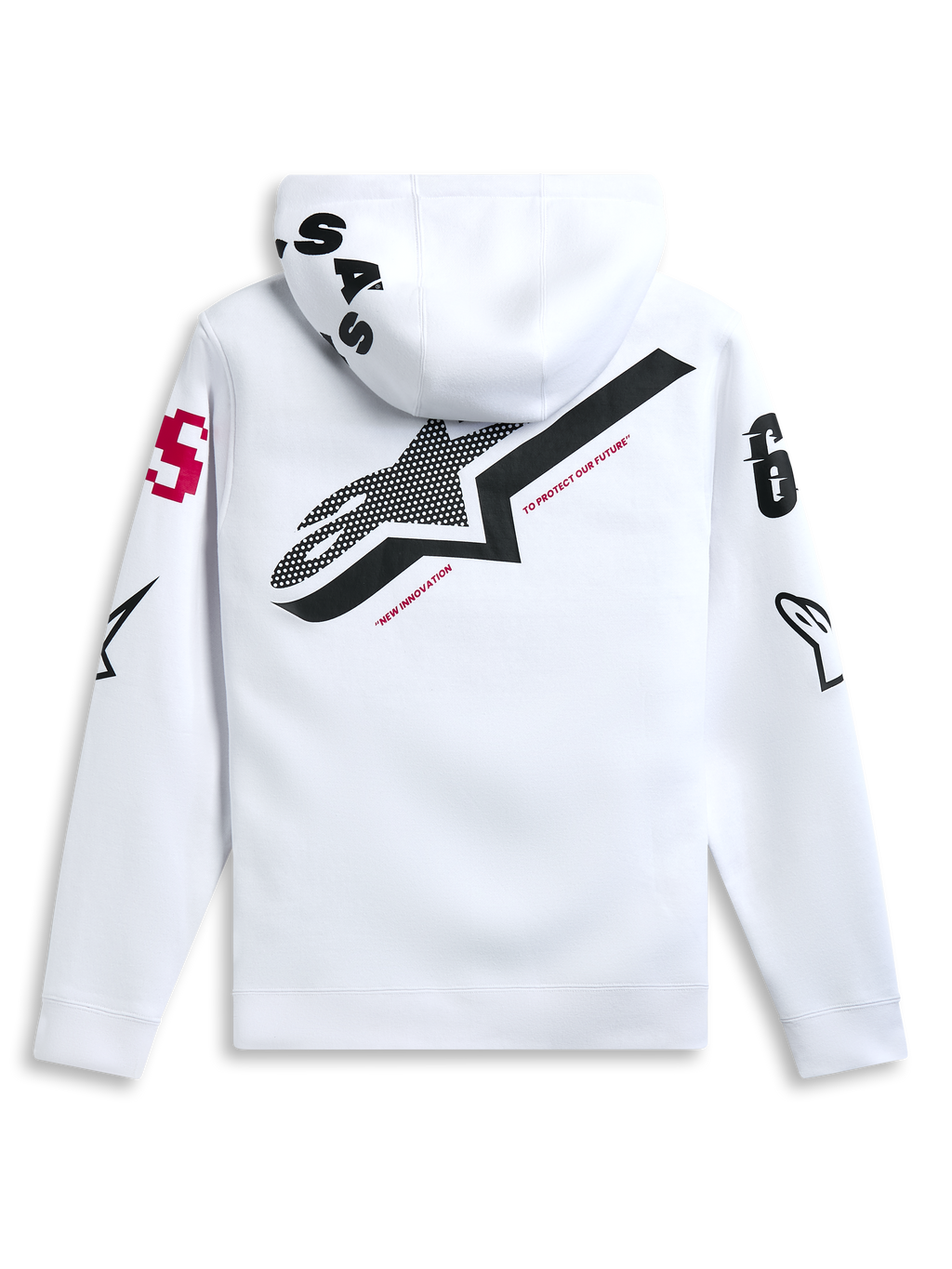Alpinestars Variegate hoodie, wit, achteraanzicht met groot zwart ster-logo en rode 'New Innovation' tekst, multi-logo artwork op mouwen en capuchon, casual motorsport-geïnspireerde streetwear