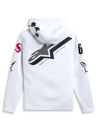 Alpinestars Variegate hoodie, wit, achteraanzicht met groot zwart ster-logo en rode 'New Innovation' tekst, multi-logo artwork op mouwen en capuchon, casual motorsport-geïnspireerde streetwear