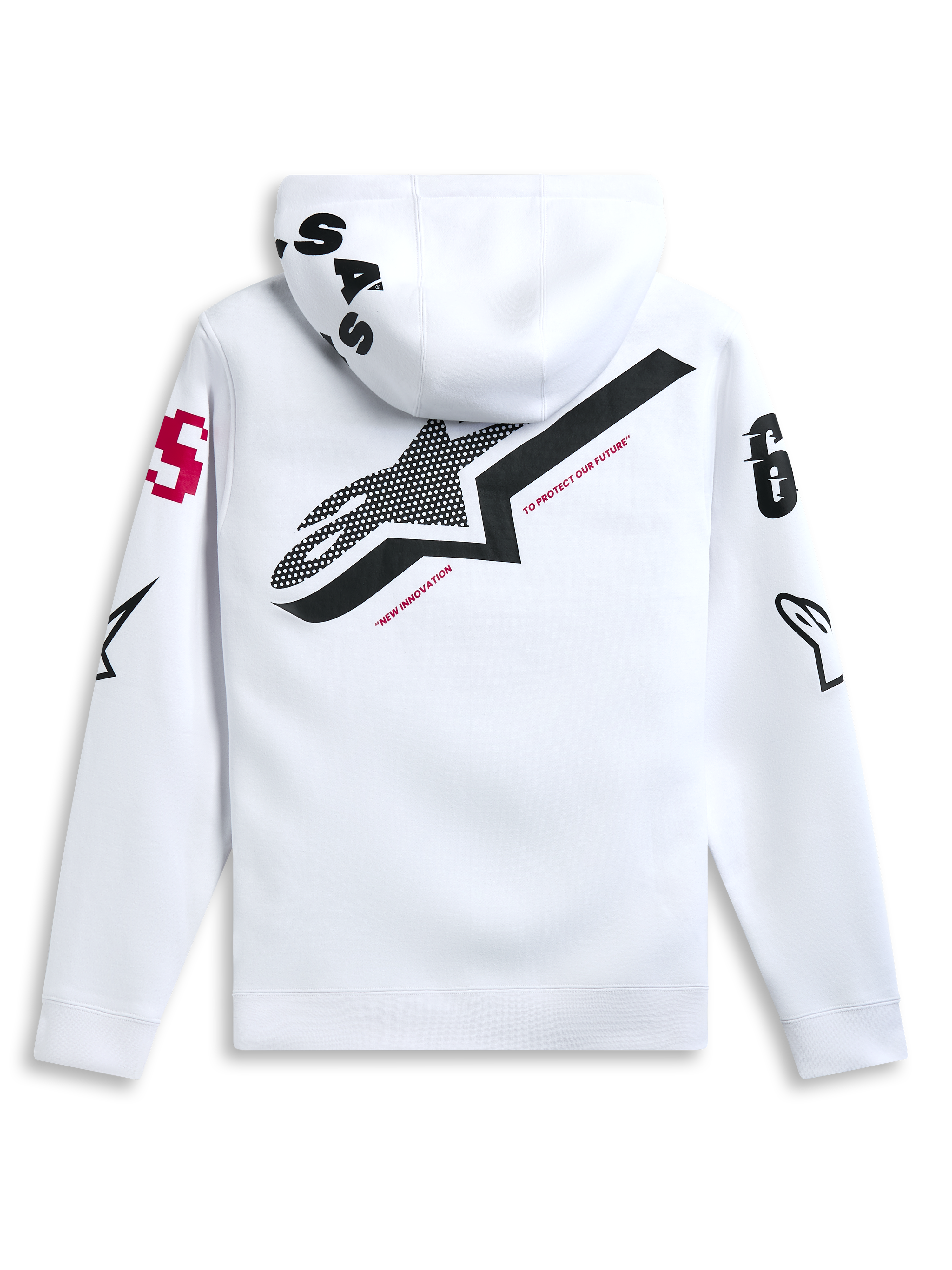 Alpinestars Variegate hoodie, wit, achteraanzicht met groot zwart ster-logo en rode 'New Innovation' tekst, multi-logo artwork op mouwen en capuchon, casual motorsport-geïnspireerde streetwear
