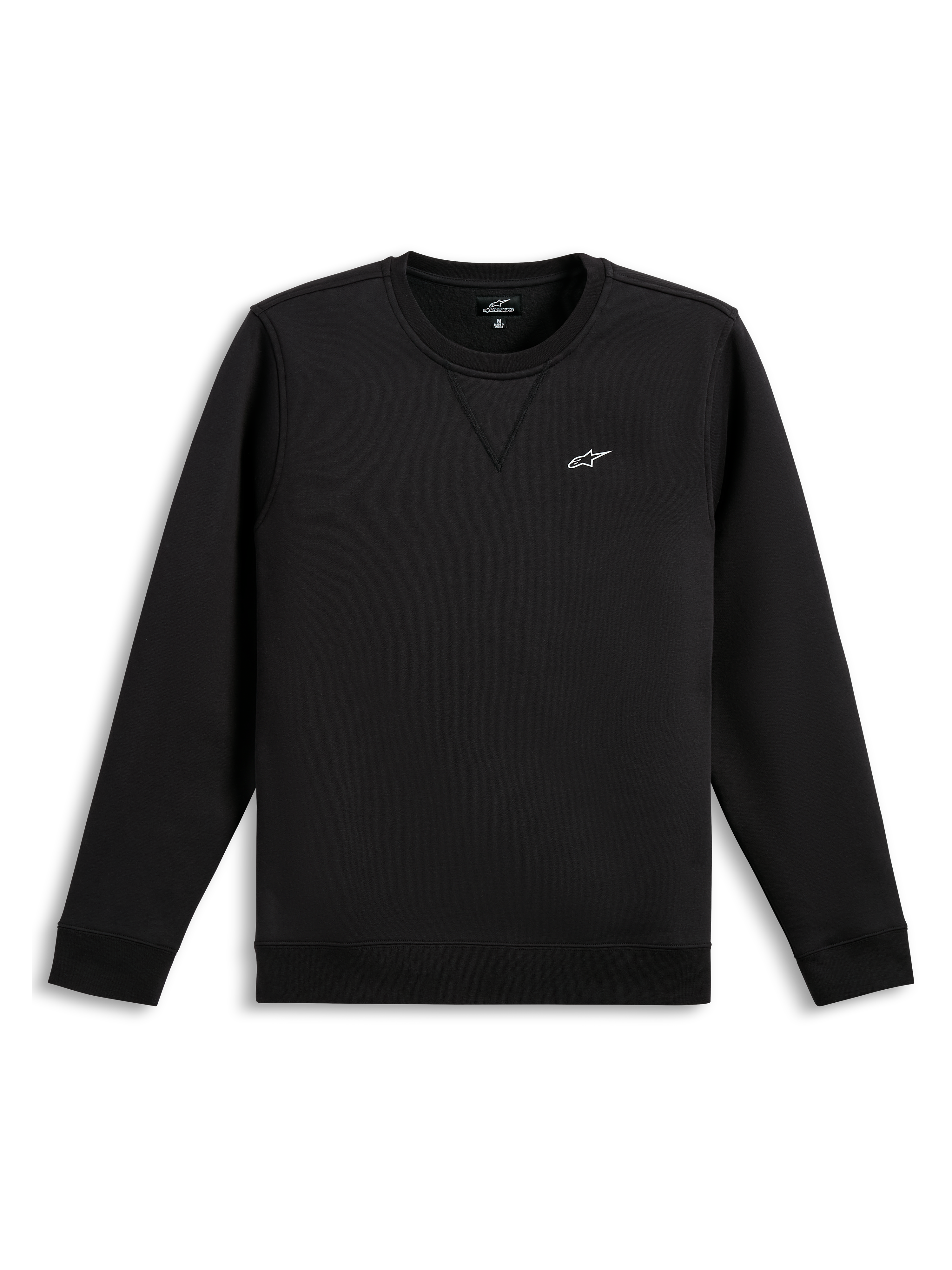 Alpinestars Positive Crew, zwarte pullover-sweatshirt met een wit borstlogo en geribde manchetten en zoom, casual sportswear