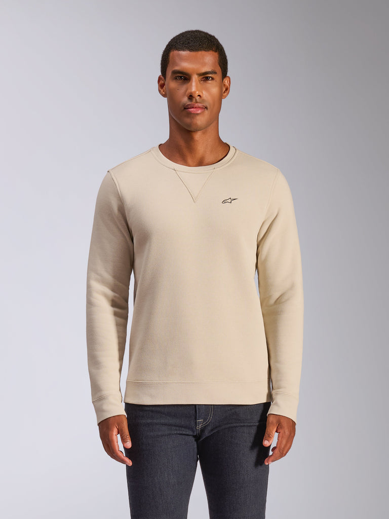 Alpinestars Positive Crew, sweat-shirt à col rond, blanc cassé, orné d'un petit logo étoile noir sur la poitrine, détail de couture en V au col, poignets et ourlet côtelés, streetwear décontracté inspiré du sport automobile