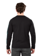 Alpinestars Ayess Csf Tee, T-shirt met lange mouwen, zwart, achteraanzicht met blauwe en gele geprinte graphics op de mouwen, casual motorsport streetwear